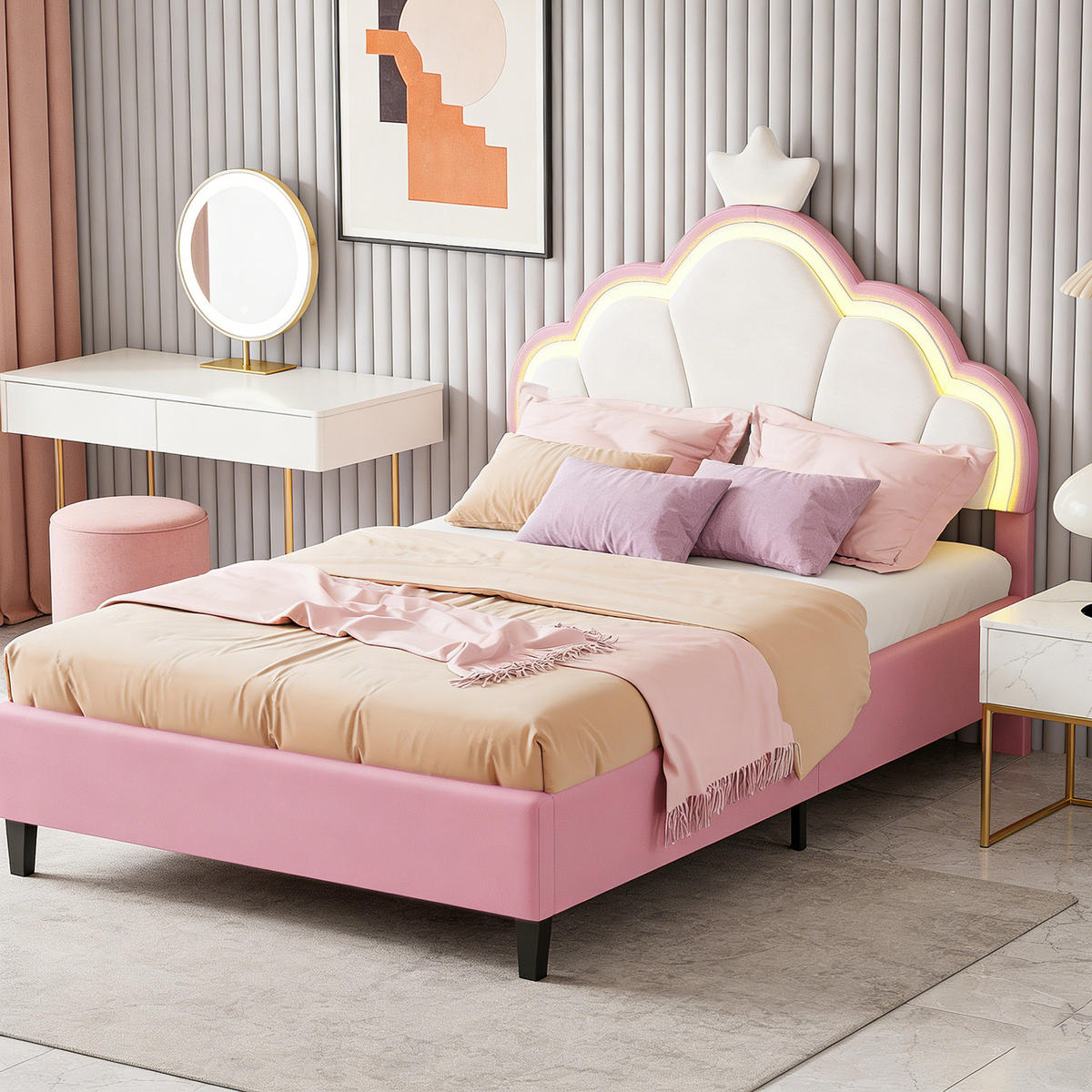 POLSTERBETT 90x200, Kinderbett mit Kopfteil und Lattenrost, LED, Samt, Rosa - Rosa, Holz/Textil (90/200cm) - GENKI LIVING