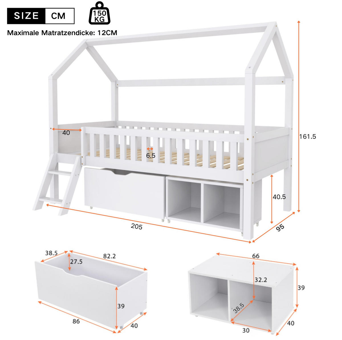 HAUSBETT 90/200 cm aus Kiefer massiv in Weiß – mit Satteldach, Treppe und Stauraum - Weiß, Holz (90/200cm) - BEAOK