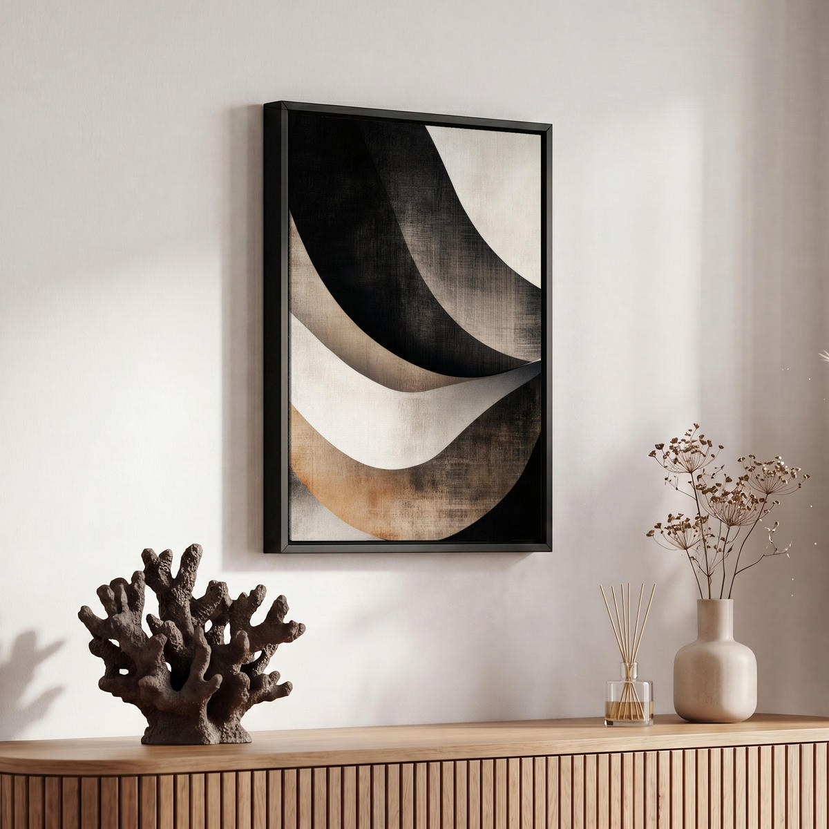 LEINWAND Bilder mit Rahmen - Abstrakt - Wellen - Schwarz - Verwittert - 20x30 - Trüffeleichefarben, Textil (20/30cm) - MuchoWow