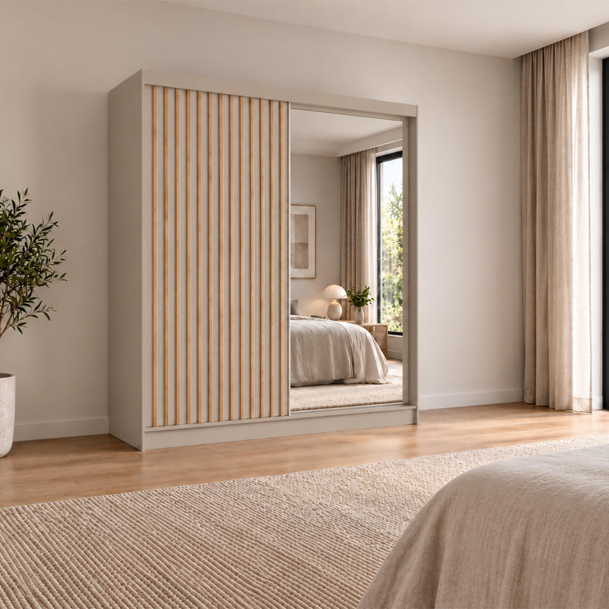 KLEIDERSCHRANK Lumil 200 cm Kaschmir Spiegel Griffe silber - Kaschmir, Holzwerkstoff (200/216/61cm) - KS Home Concept