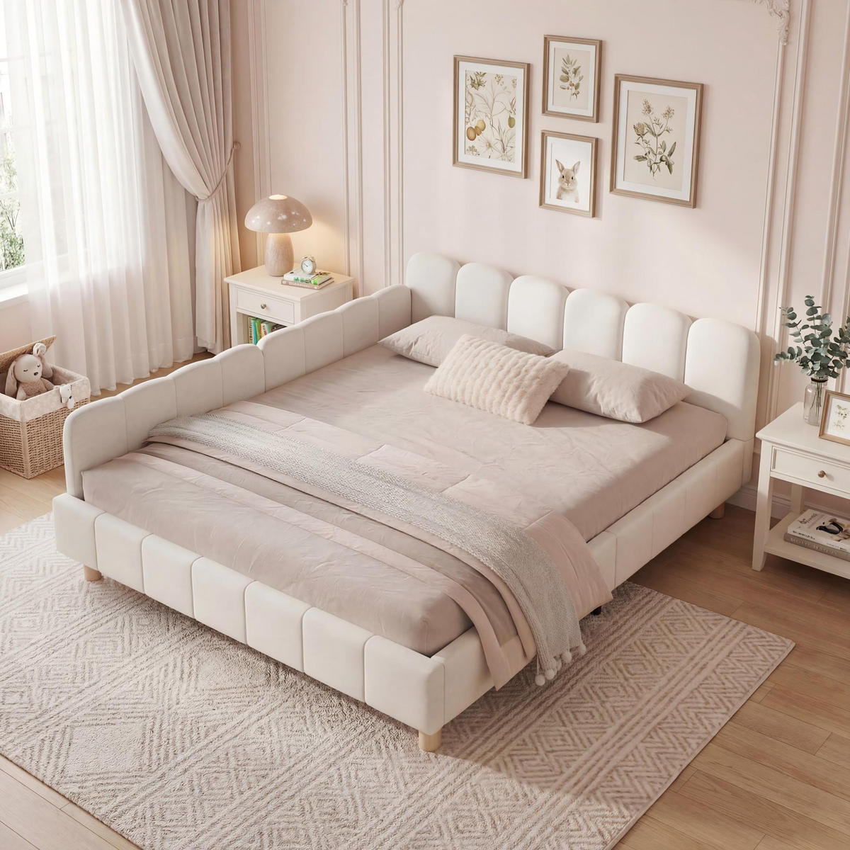 KINDERBETT 140/190 cm in Beige Samt mit Seitentaschen - Beige, Holzwerkstoff/Textil (140/190cm) - WISHDOR