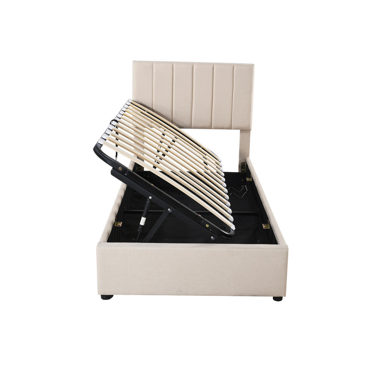 POLSTERBETT aus Leinen 90x200 cm in Beige mit hydraulischem Stauraum - Beige, Textil (90/200cm) - Modfu