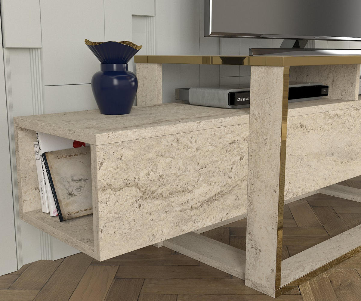 TV Lowboard Bianco Beige Granit Optik 2499 - Beige, Holzwerkstoff (160/50/46cm) - moebel17