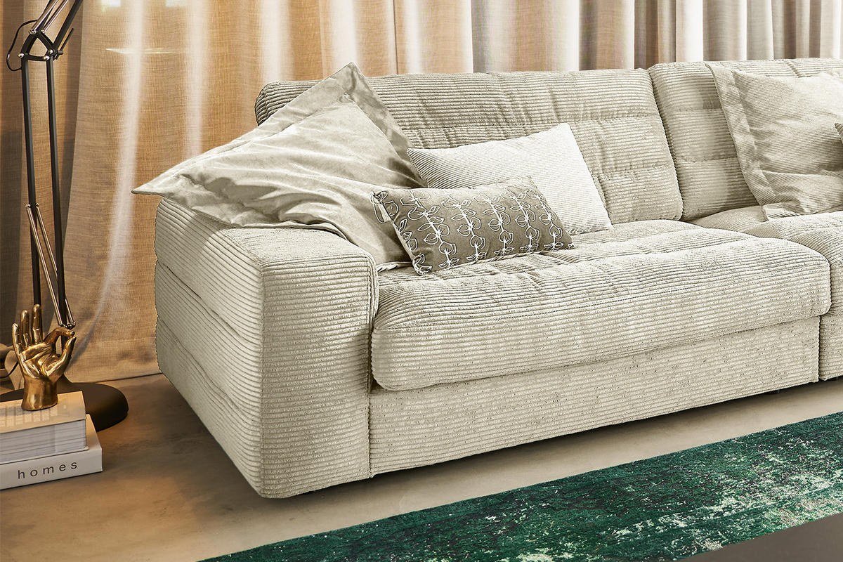 ECKSOFA XL LANA Cremeweiß Cord - Creme/Schwarz, Textil (416/205cm) - KAWOLA