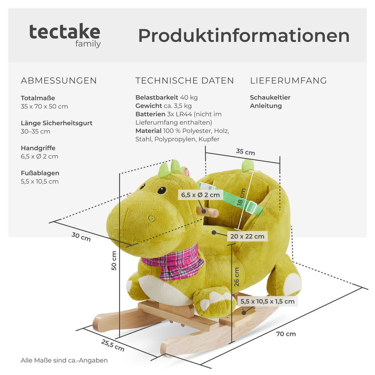 SCHAUKELTIER Dinosaurier ,massive Holzkufen, ab 12 Monaten geeignet,grün - Grün, Textil (35/50/70cm) - tectake