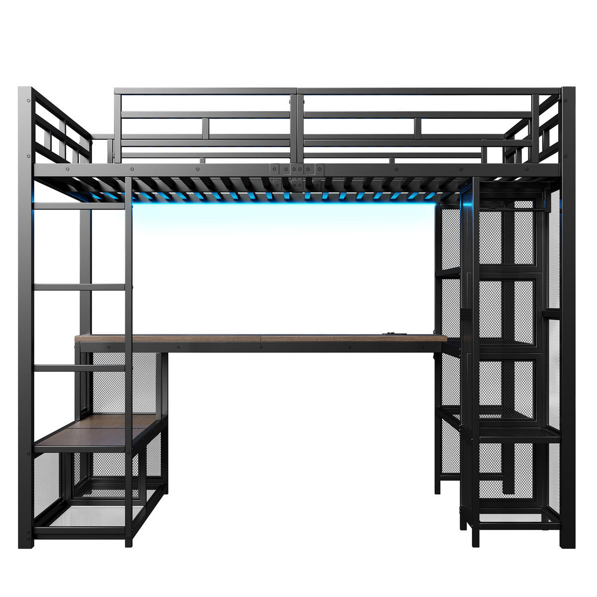 HOCHBETT 140/200 cm in Schwarz mit Schreibtisch, Regal und LED - Schwarz, Holzwerkstoff/Metall (140/200cm) - WISHDOR