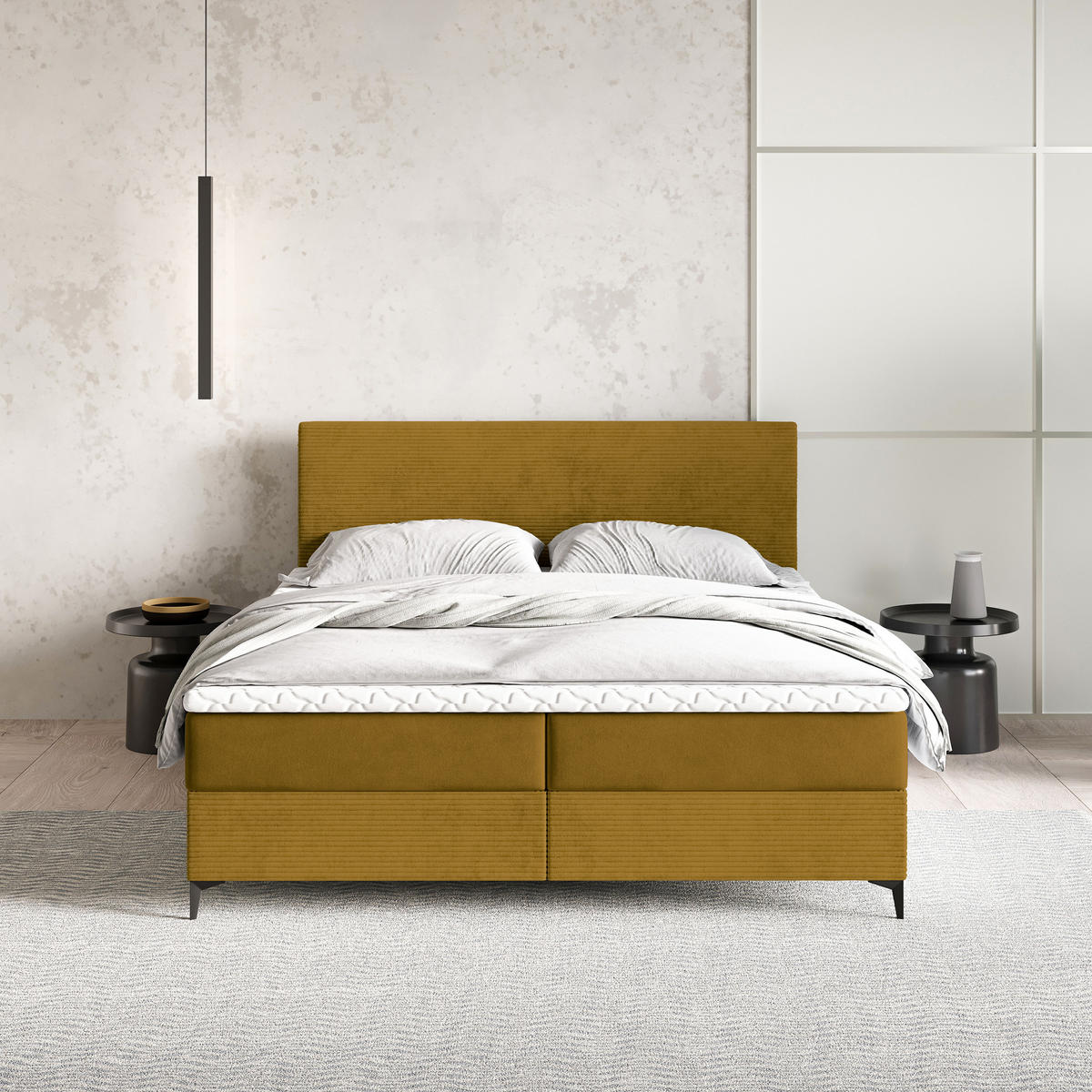 BOXBETT TORREL 160x200 cm mit Matratze und Topper - Gelb - Gelb, Holz (160/200cm) - MASSENO