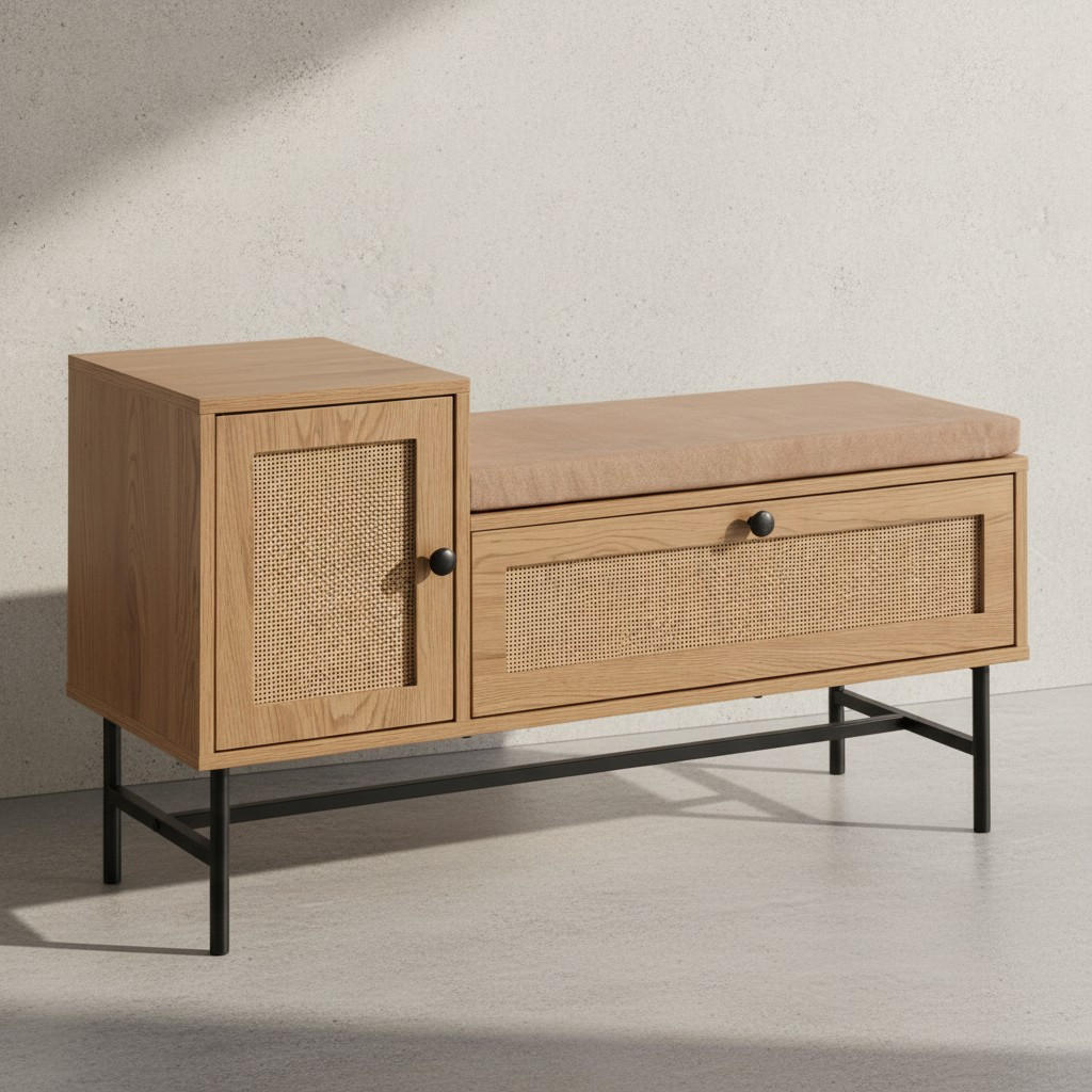 SCHUHBANK – Eiche-Dekor, 100x60x38 cm, Rattan-Elemente, gepolstert, mit Stauraum - Beige/Schwarz, Textil/Metall (100/60/38cm) - KADIMA DESIGN