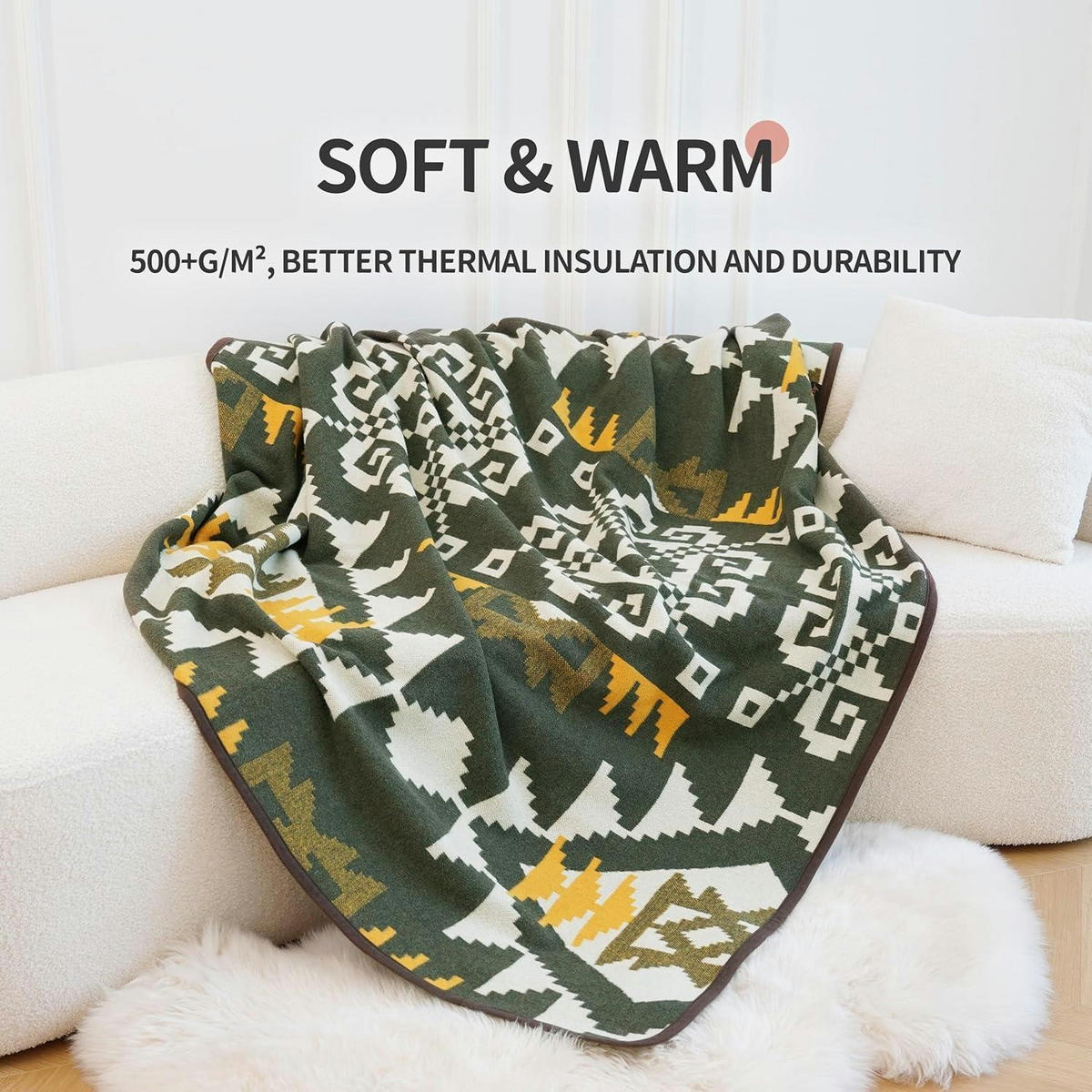 DECKE Merinowolle Azteken-Stil Grün 160 x 129,5 cm - Multicolor, Textil (129.5/160cm)