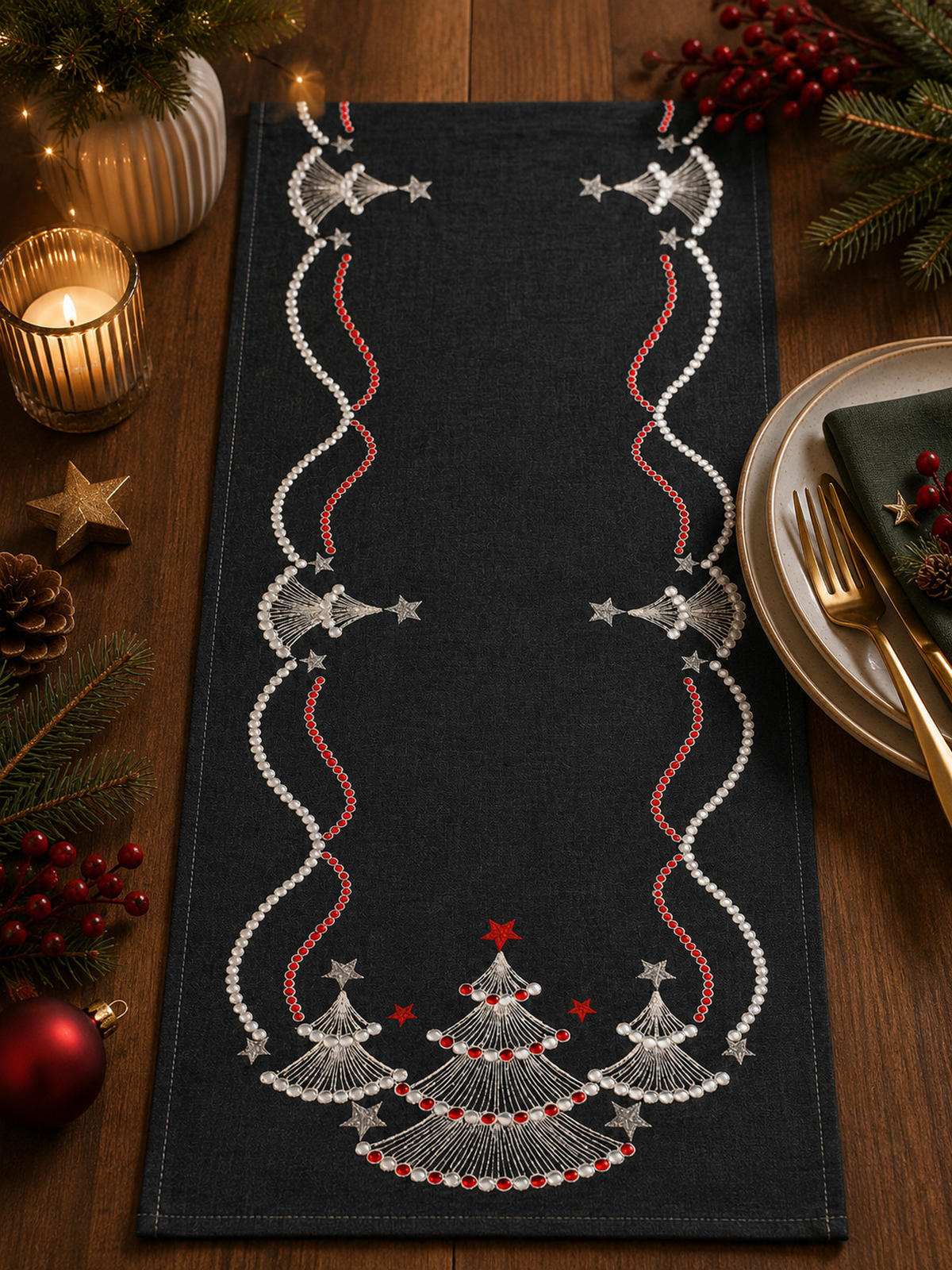 TISCHLÄUFER Weihnachten 35/170 cm Tannenbaum Stickerei Leinenoptik - Anthrazit, Textil (35/170cm) - TiborTex