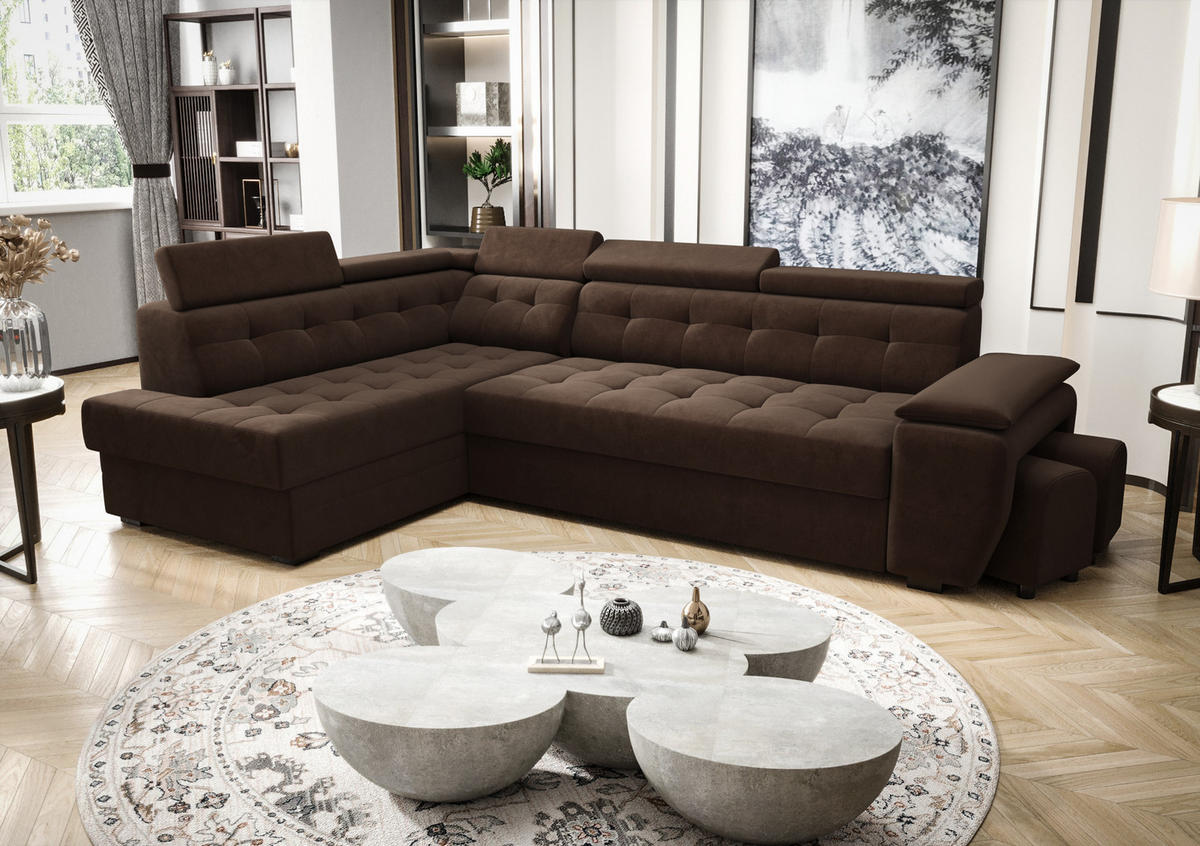 ECKSOFA KONGO RBN15, Eckcouch in L-Form mit Schlaffunktion, Farbe: Dunkelbraun, Velourstoff, Ottomane Links - Dunkelbraun, Textil (277/180cm) - O-Sofa