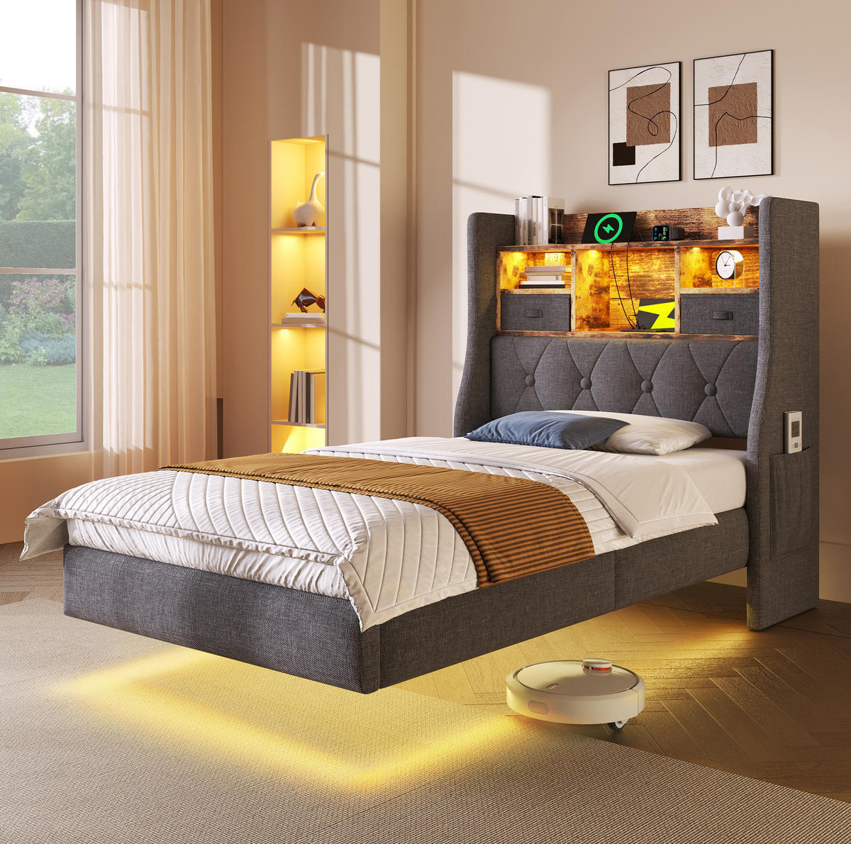 POLSTERBETT mit LED-Beleuchtung 90/200 cm mit USB-C und gepolstertem Kopfteil - Grau, Textil (90/200cm) - BEAOK