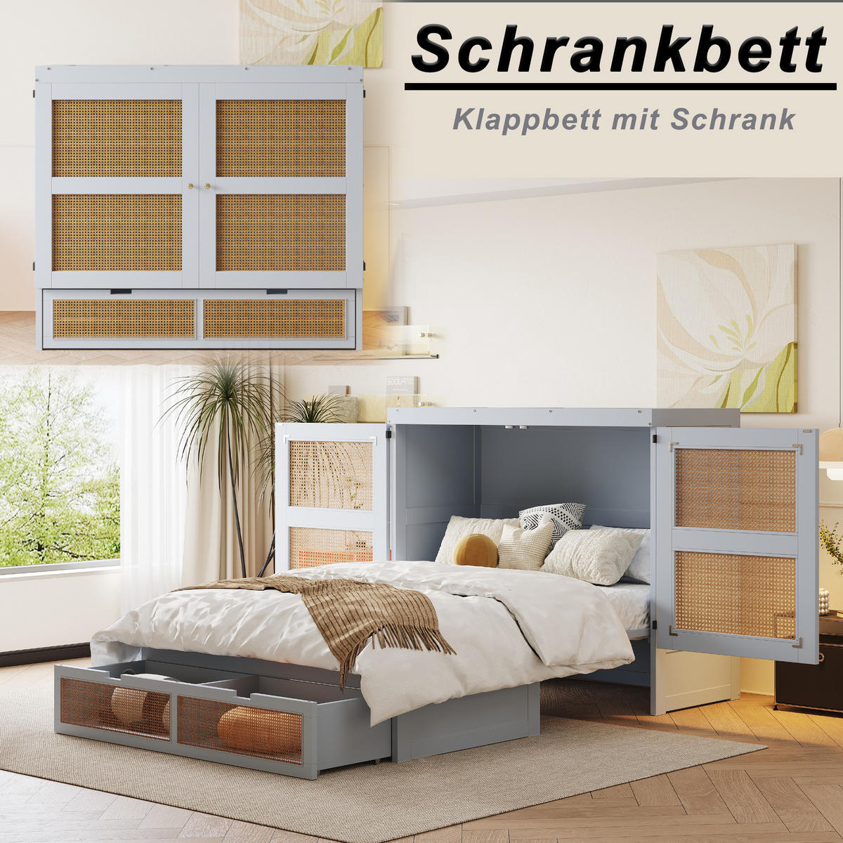 SCHRANKBETT 140x200 cm Rattan grau - Grau, Holz (140/200cm) - LEBENLANG