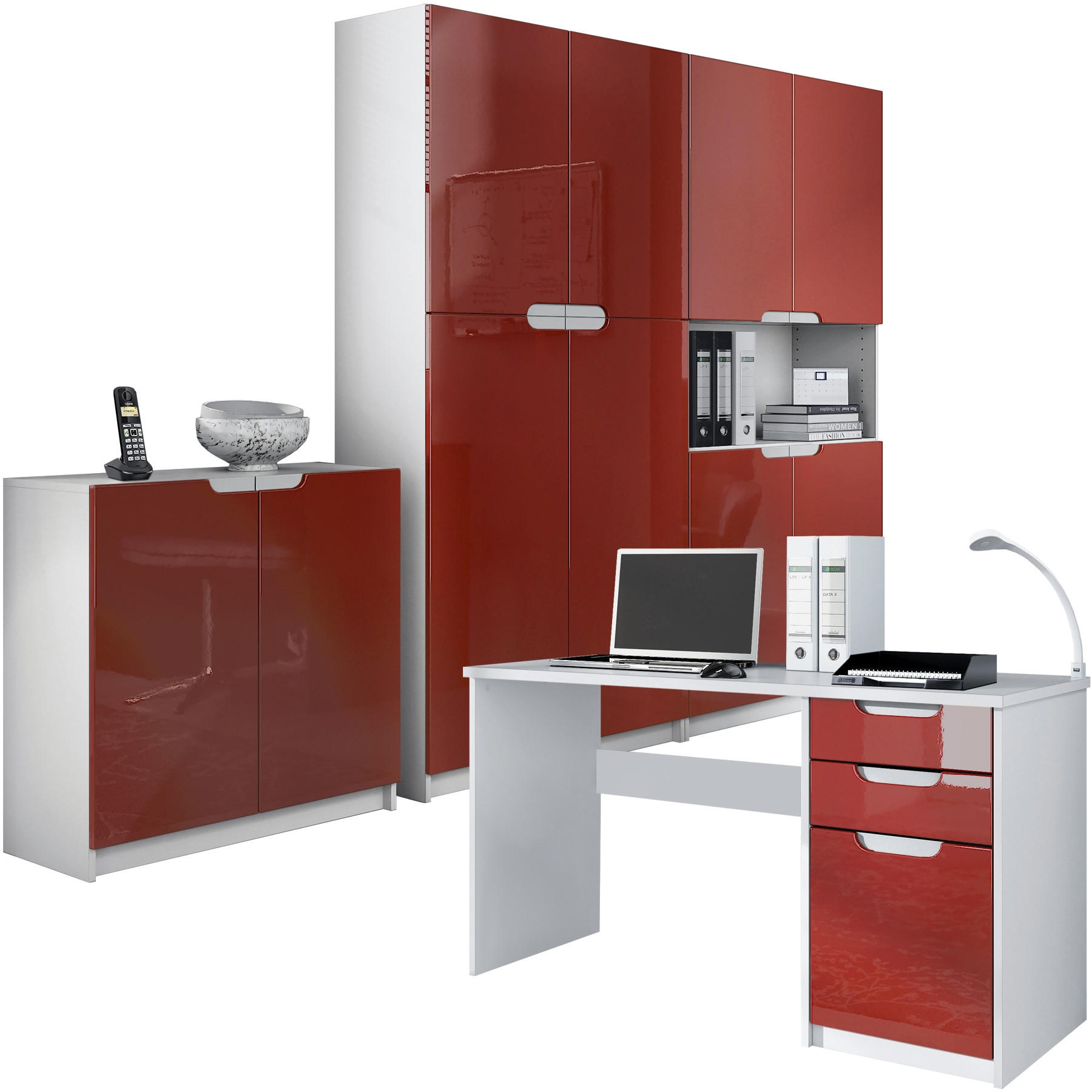 BÜROMÖBELSET Logan Fronten in Bordeaux Hochglanz - Bordeaux, Holzwerkstoff (246/185/60cm) - Vladon
