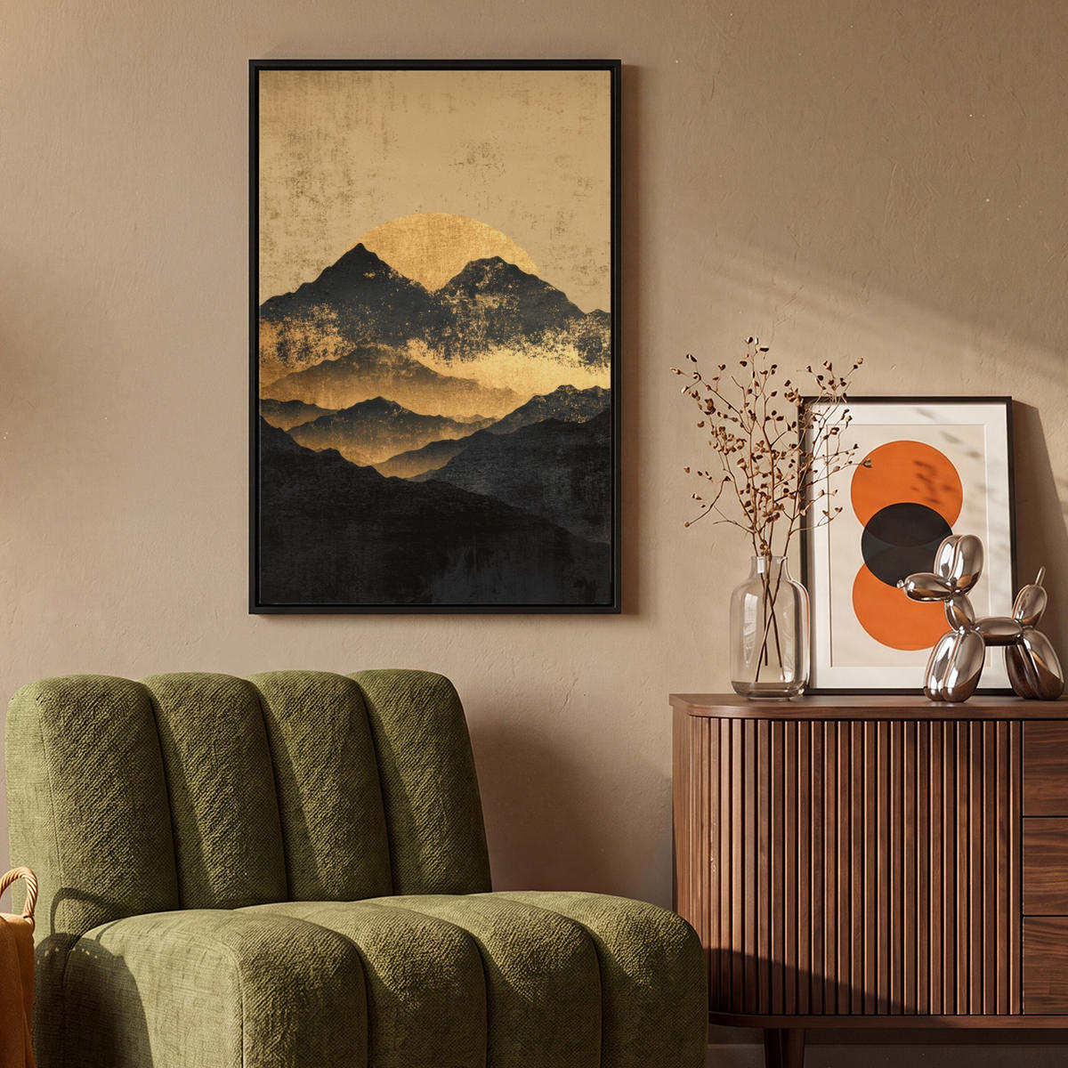LEINWAND Bilder mit Rahmen - Goldene Berge bei Mondschein - 60x90 - Goldfarben, Textil (60/90cm) - MuchoWow