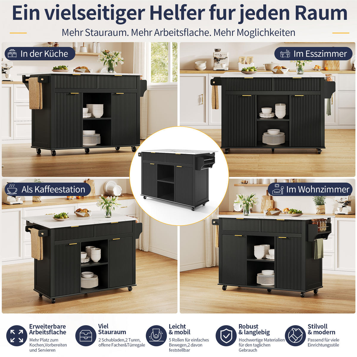 KÜCHENINSEL auf Rollen 143/45/89.5 cm Schwarz mit klappbarer Arbeitsplatte, 2 Schubladen und Stauraum - Schwarz, Holz/Holzwerkstoff (45/89.5/143cm) - Oxeza