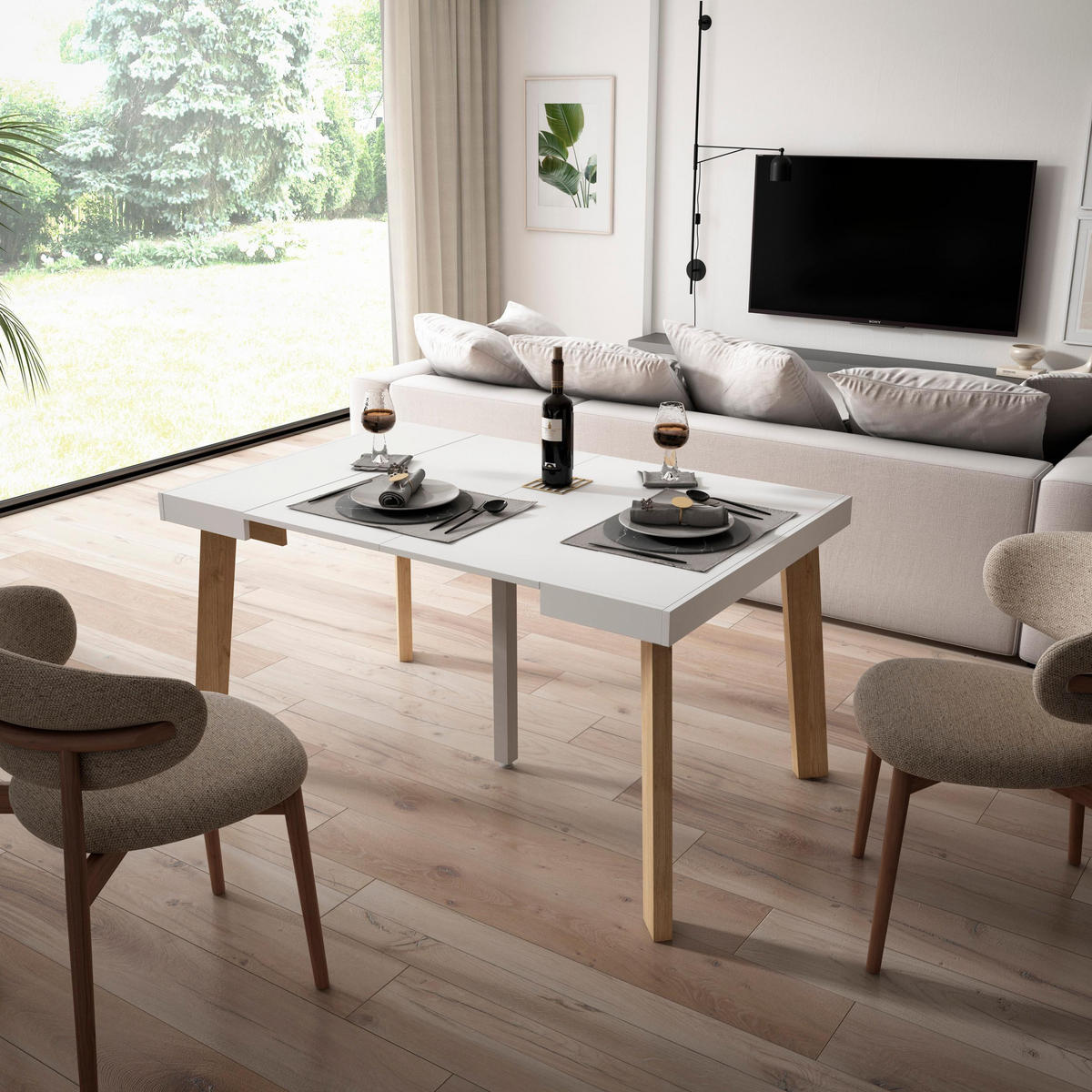 KONSOLENTISCH ausziehbar 58 bis 140cm, für 6 Gäste, weiß, 90/58/73cm - Weiß, Holzwerkstoff (90/140/73cm) - Skraut Home