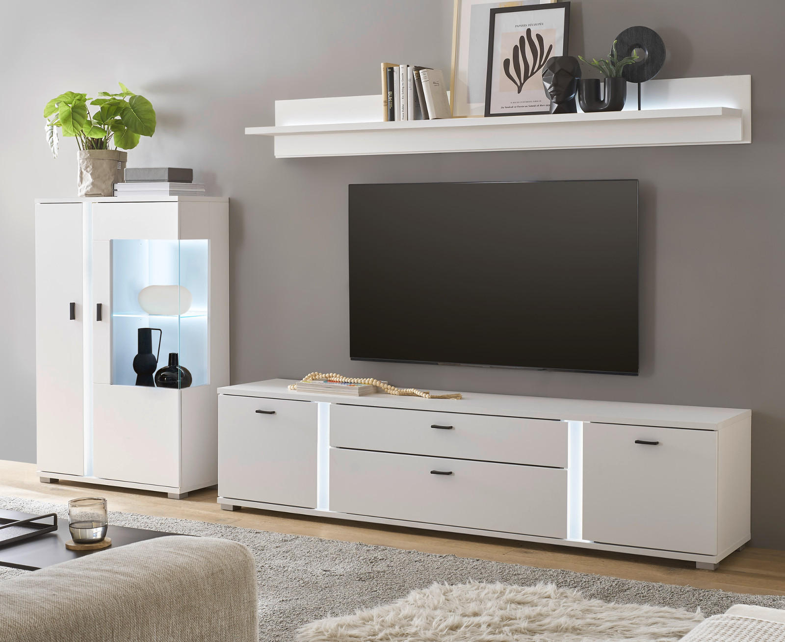 WOHNWAND weiß matt, Wohnkombination inklusive Frontbeleuchtung 290 cm - Weiß, Holzwerkstoff (290/170/42cm) - Furn.Design
