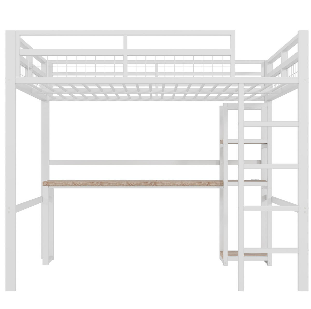 HOCHBETT 140/200 cm Weiß mit Schreibtisch, Regalen und USB- und Type-C-Anschlüssen - Weiß, Metall (140/200cm) - Flora Grace
