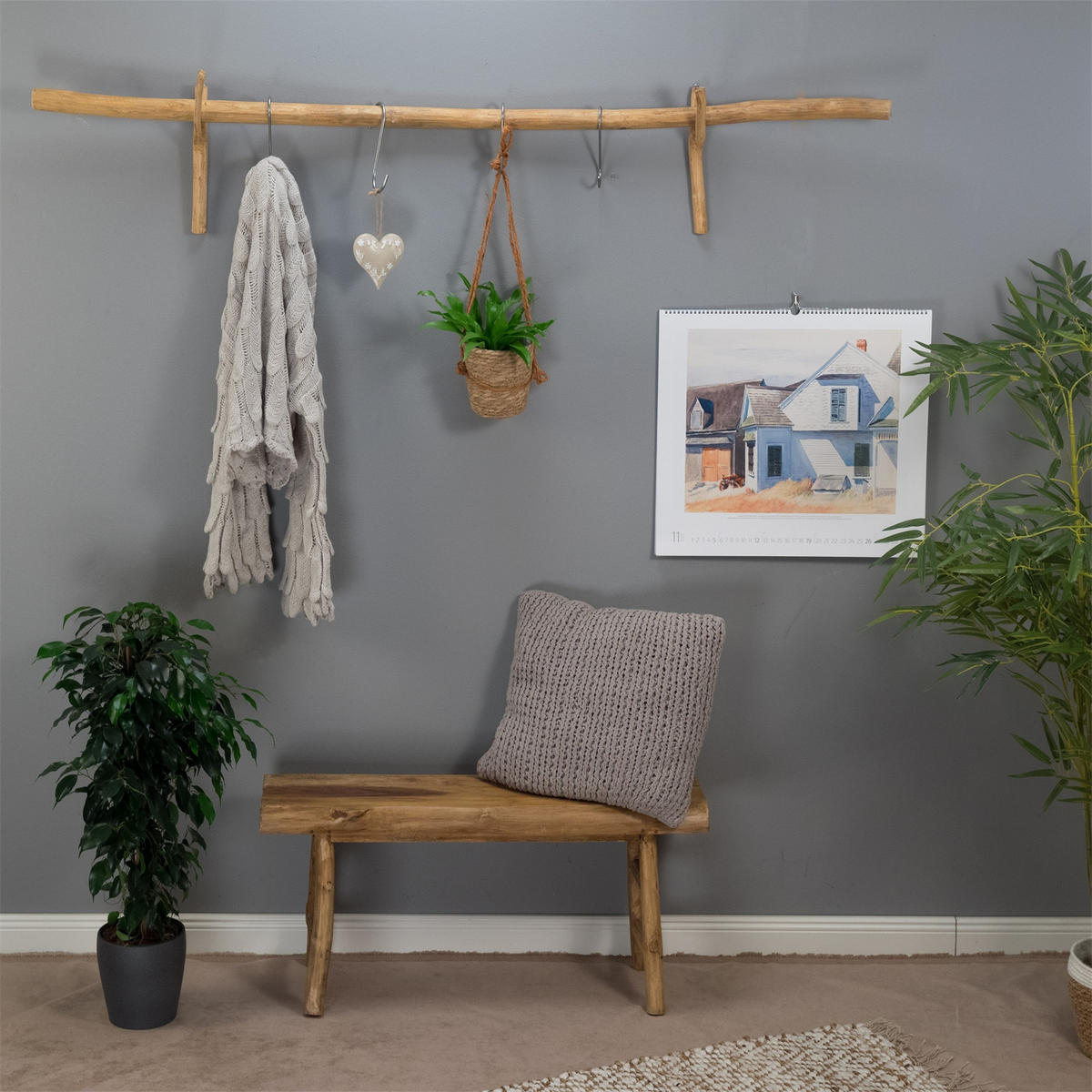 GARDINENSTANGE Vara 170 cm, Teak Massivholz mit Ast-Wandhaken - Naturfarben, Holz (10cm) - CREEDWOOD