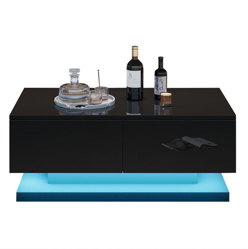 COUCHTISCH aus Spanplatte 90x50x38 cm in Schwarz mit 2 Schubladen & LED - Schwarz, Holzwerkstoff (90/50/38cm) - Modfu