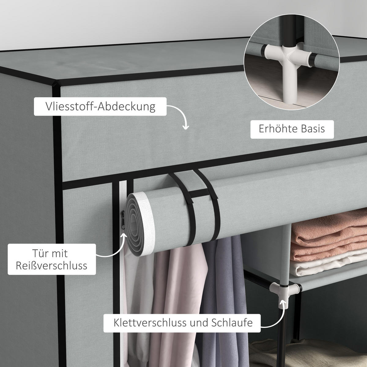 STOFFSCHRANK, Kleiderschrank, Hellgrau - Hellgrau, Metall (42.5/162.5/83cm) - HOMCOM