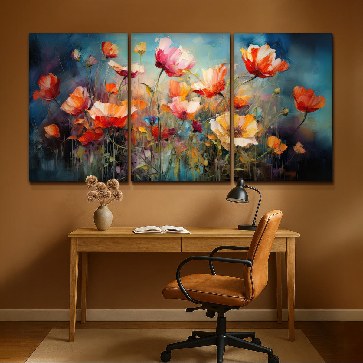 LEINWANDBILD 3er Set Blumen - Bunt - Abstrakt 240x120 cm - Blaugrau, Textil (240/120cm) - MuchoWow