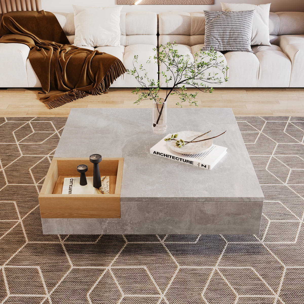 COUCHTISCH, Spanplatte in Betonoptik mit herausnehmbarer Naturfarbenner Box, kompakter Design-Tisch, 72/72/30 cm, grau und Naturfarben - Grau, Holzwerkstoff (72/72/30cm) - Redom