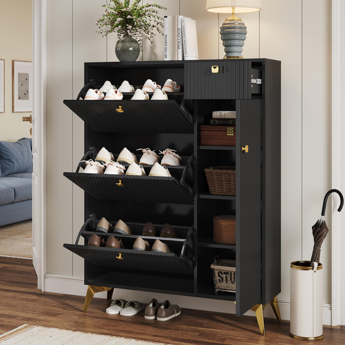 SCHUHSCHRANK aus Spanplatte 90x25x121cm in Schwarz mit Kippsicherung - Schwarz, Holzwerkstoff (90/121/25cm) - Modfu