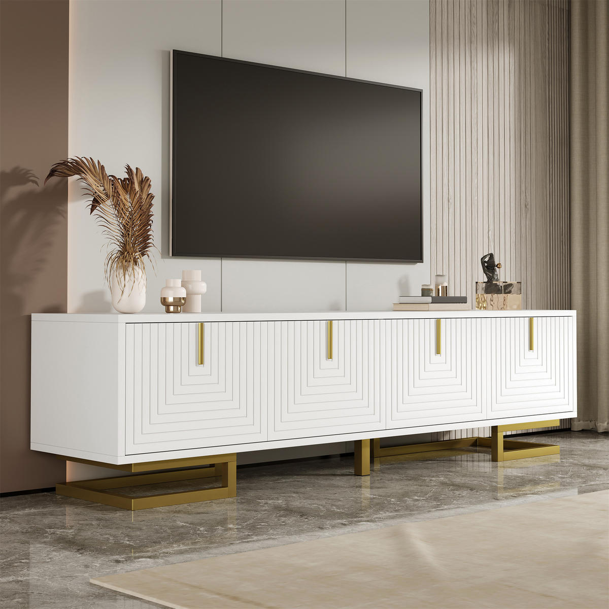 TV Lowboard Strukturfront, Schubladen, goldene Griffe, Weiß - Weiß, Holz (160/38/44cm)