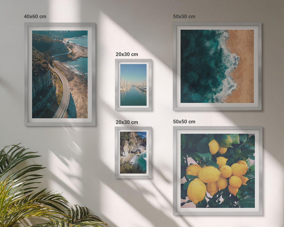 WANDBILDER 5er Set - 50x50 cm & 20x30 cm & 40x60 cm Silberner Rahmen - Straßen am Meer, ein Meer aus Zitronen - Silberfarben, Kunststoff (40/60cm) - ArtPrintCave