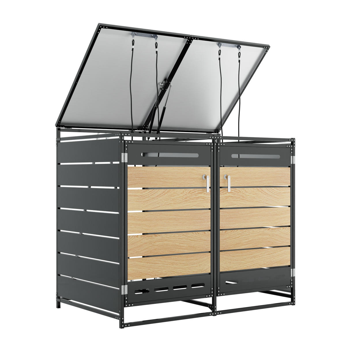 MÜLLTONNENBOX Hydraulik Deckel Holzoptik horizontal Schloss - Schwarz, Metall (131/116/79cm) - LEBENLANG