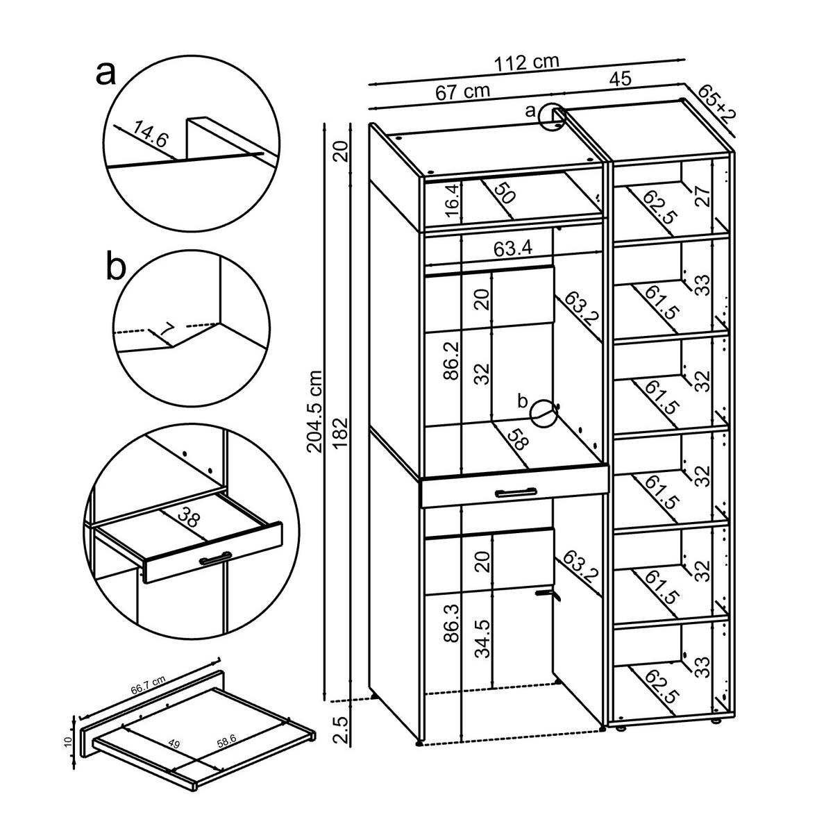 WASCHMASCHINENSCHRANK DUO-I 112cm Breit, 205cm Hoch - Schwarz, Holzwerkstoff (112/205/67cm)