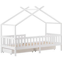 HAUSBETT 90/200 cm Weiß aus Massivholz mit 2 Schubladen und Sicherheitszaun - Weiß, Holz (90/200cm) - Flora Grace