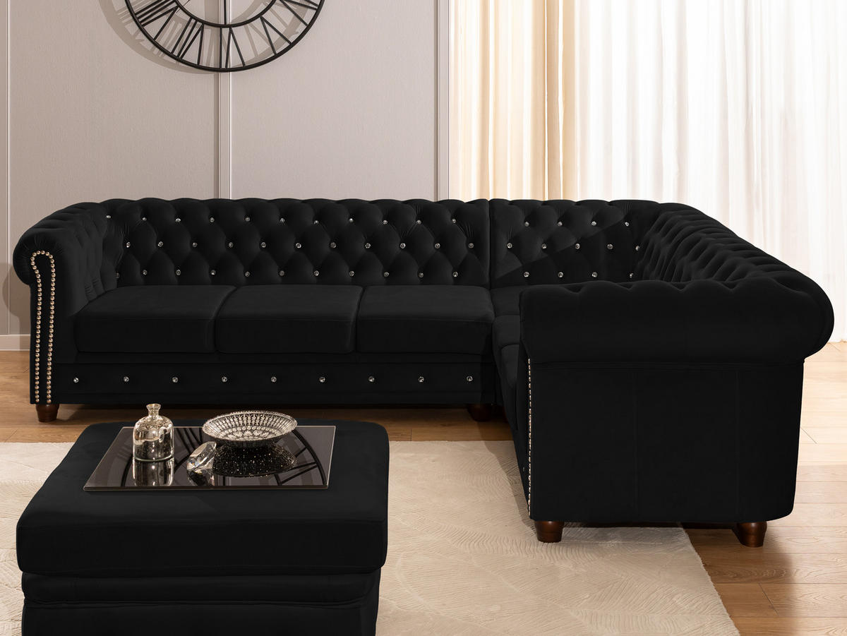 ECKSOFA mit Schlaffunktion Chesterfield Schwarz Samt mit Kristallsteppung und braunen Massivholzfüßen - Ottomane Rechts - Schwarz/Braun, Holz/Textil (264/210cm) - S-Style Möbel
