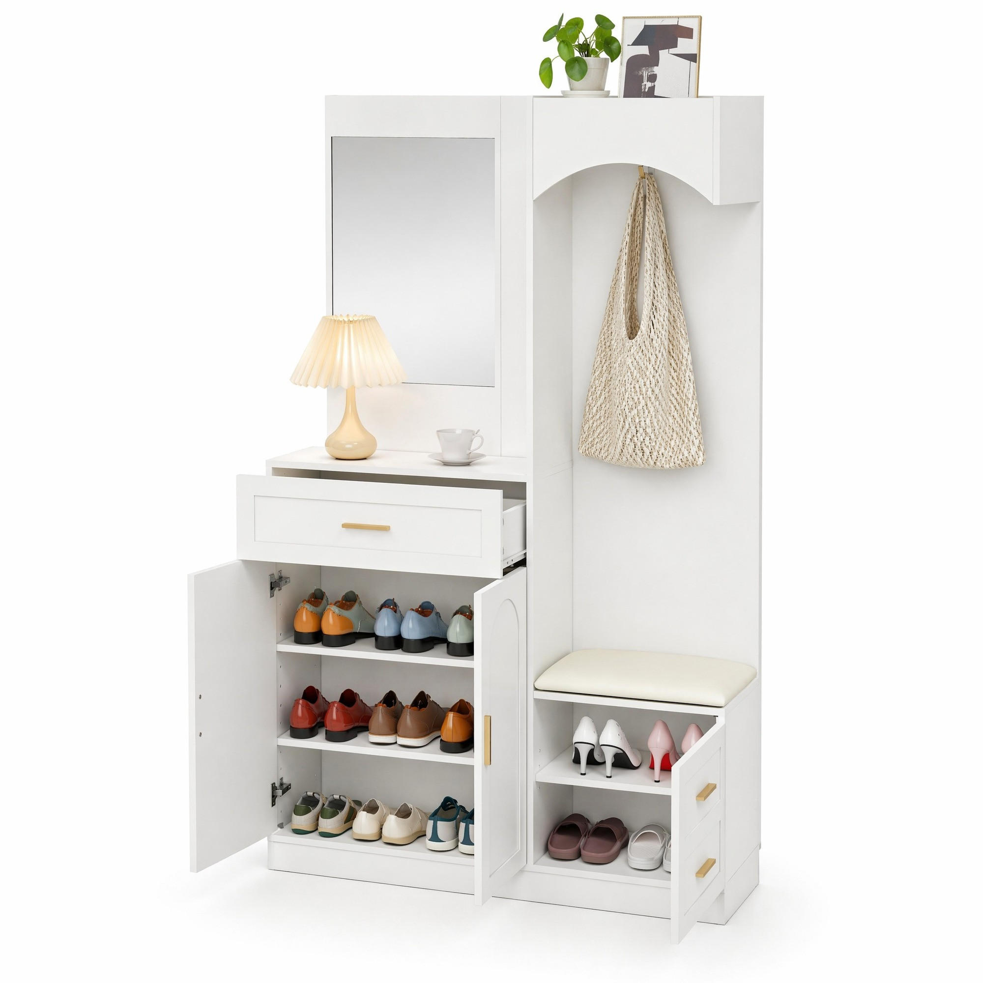 GARDEROBE-SET in Weiß mit Spiegel und Schuhbank für Eingangsbereich und Flur, B110/T33/H185.5 cm - Weiß, Glas/Holzwerkstoff (111/185.5/33cm) - STILVORA