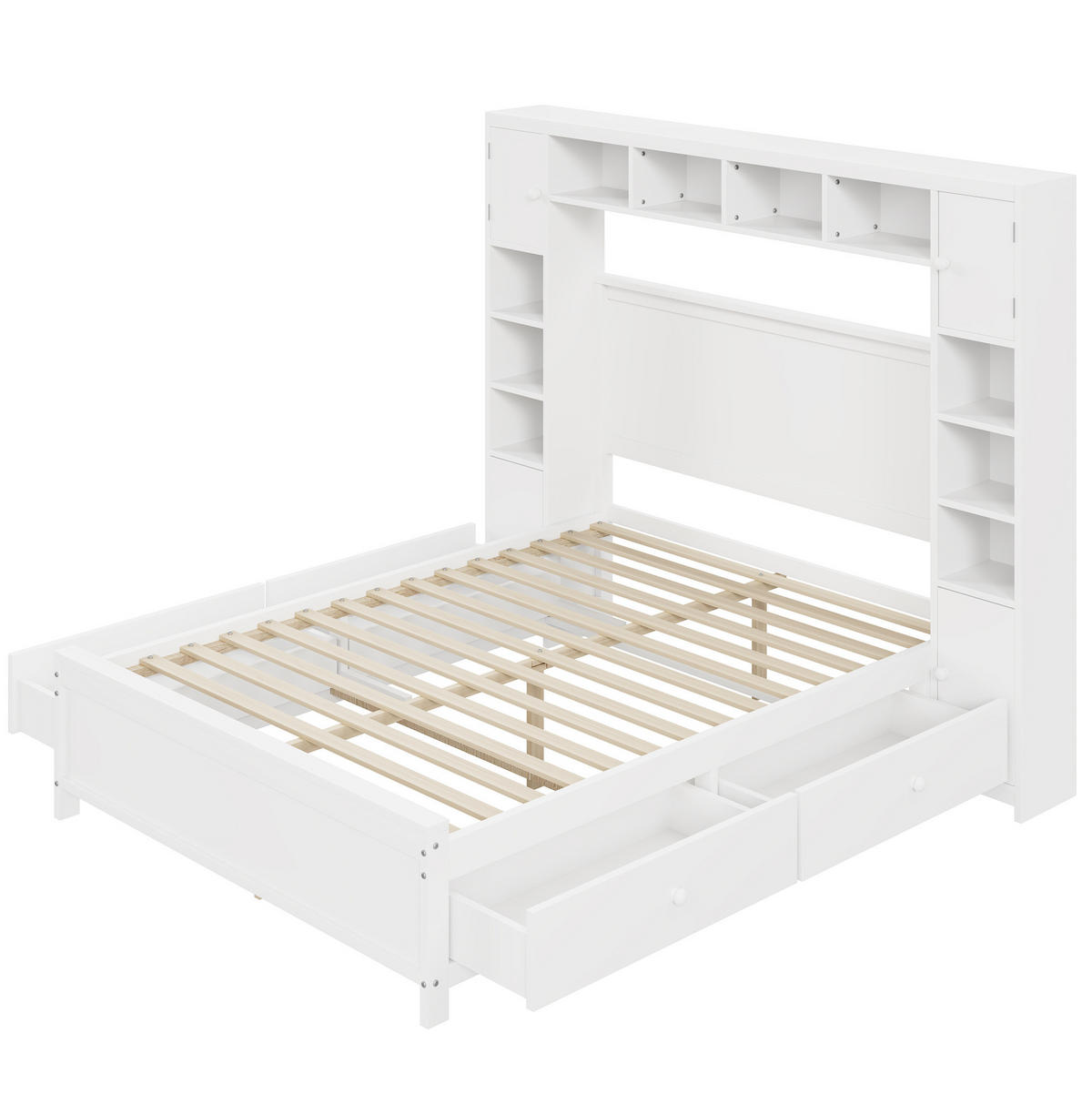 STAURAUMBETT 140x200 cm Weiß mit 4 Schubladen, Stauschrank und Lattenrost - Weiß, Holzwerkstoff (140/200cm) - Modfu