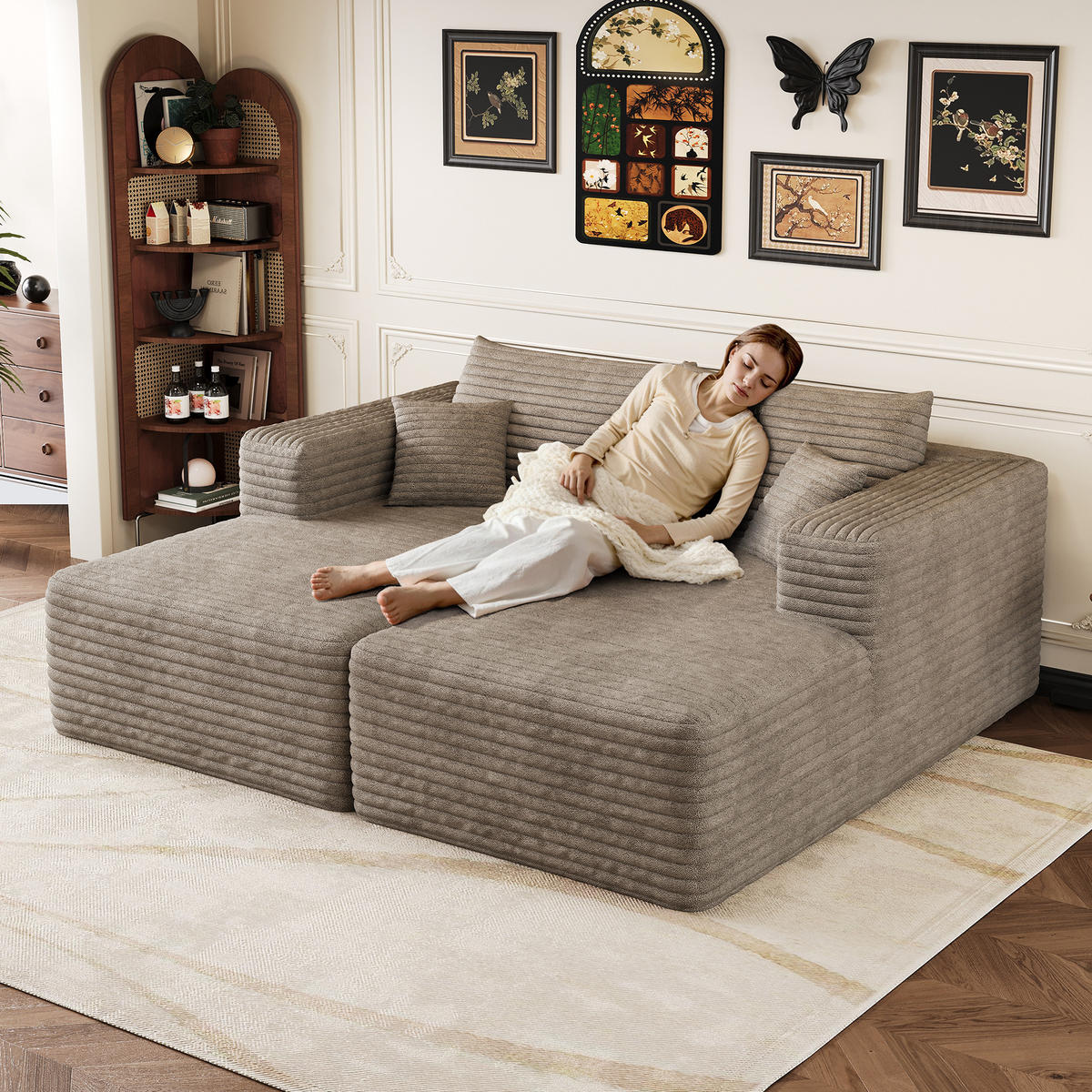 SCHLAFSOFA DE-34891 mit Chaiselongue Camel - Sandfarben, Textil (151/180cm) - ComfortXL