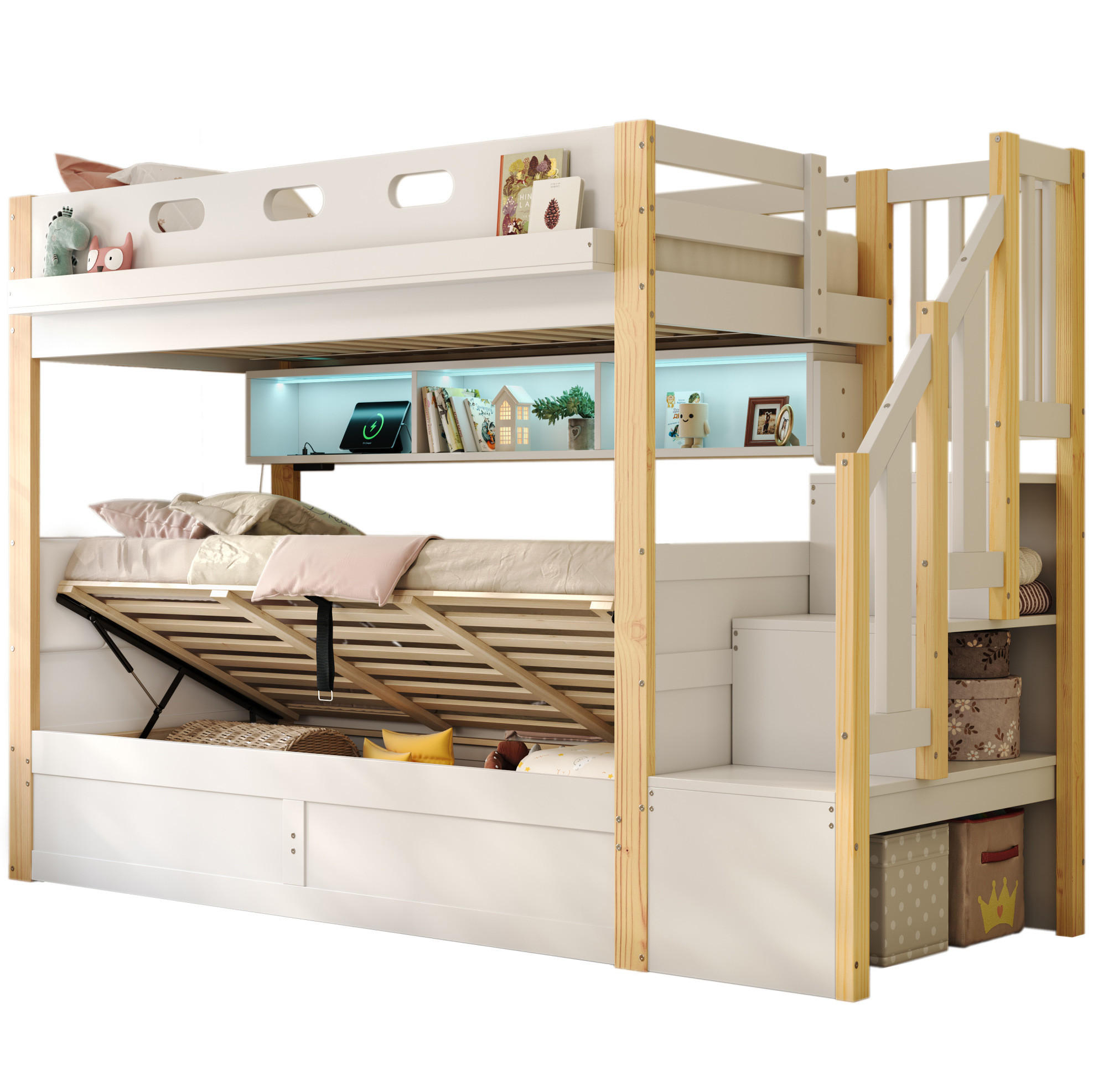 ETAGENBETT 90/200+90/200 cm in Weiß mit Stauraumtreppe und LED-Beleuchtung - Weiß, Holz (90/200cm) - Flora Grace