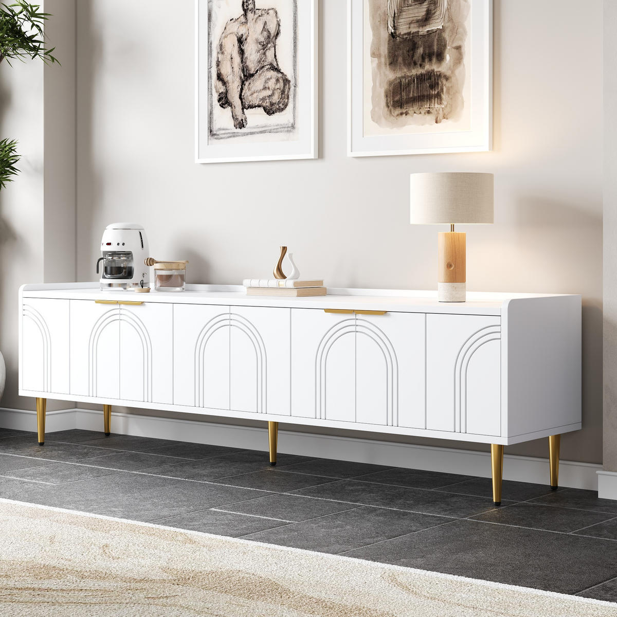 TV-SCHRANK in Weiß mit 3D-Türen und goldfarbenen Griffen 170/35/47.5 cm - Weiß, Holzwerkstoff (170/47.5/35cm) - Redom