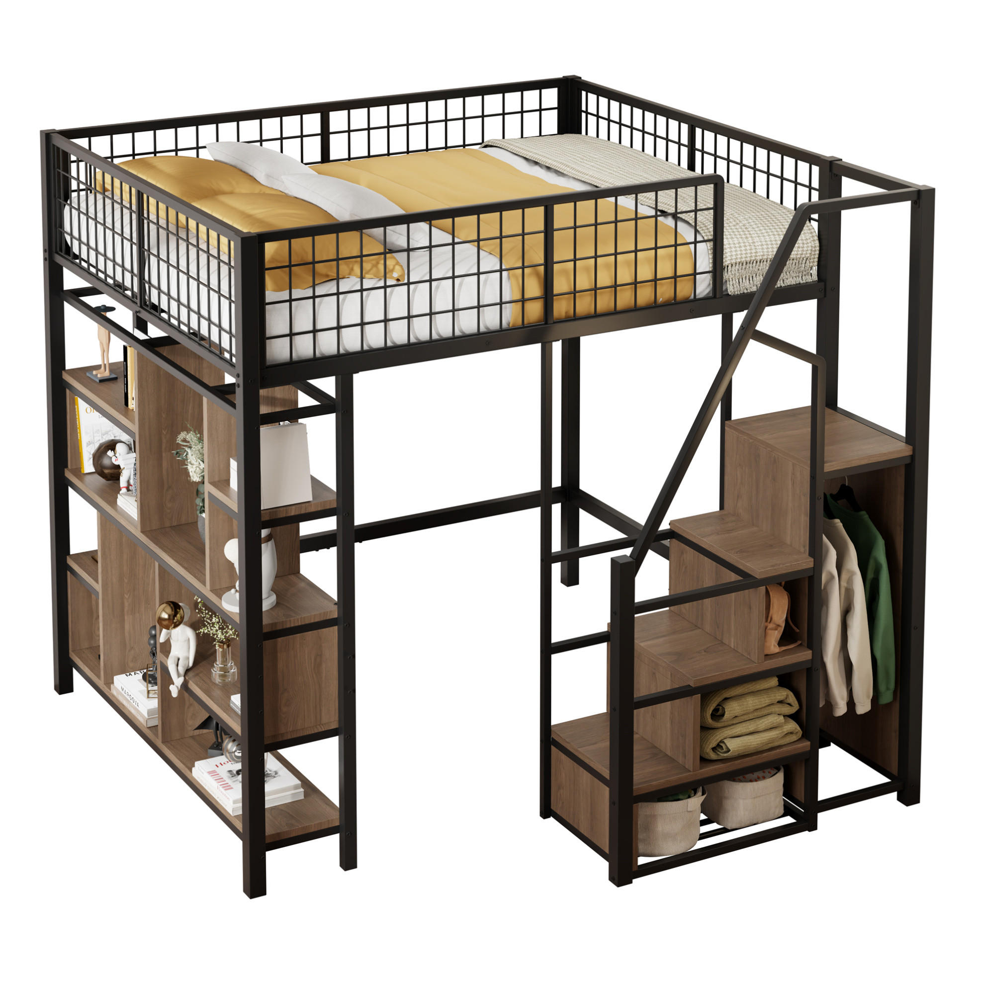 HOCHBETT 140/200 cm aus Metall und Holzwerkstoff mit Stauraumtreppe und offenem Arbeitsbereich, Schwarz - Schwarz, Metall (140/200cm) - Redom