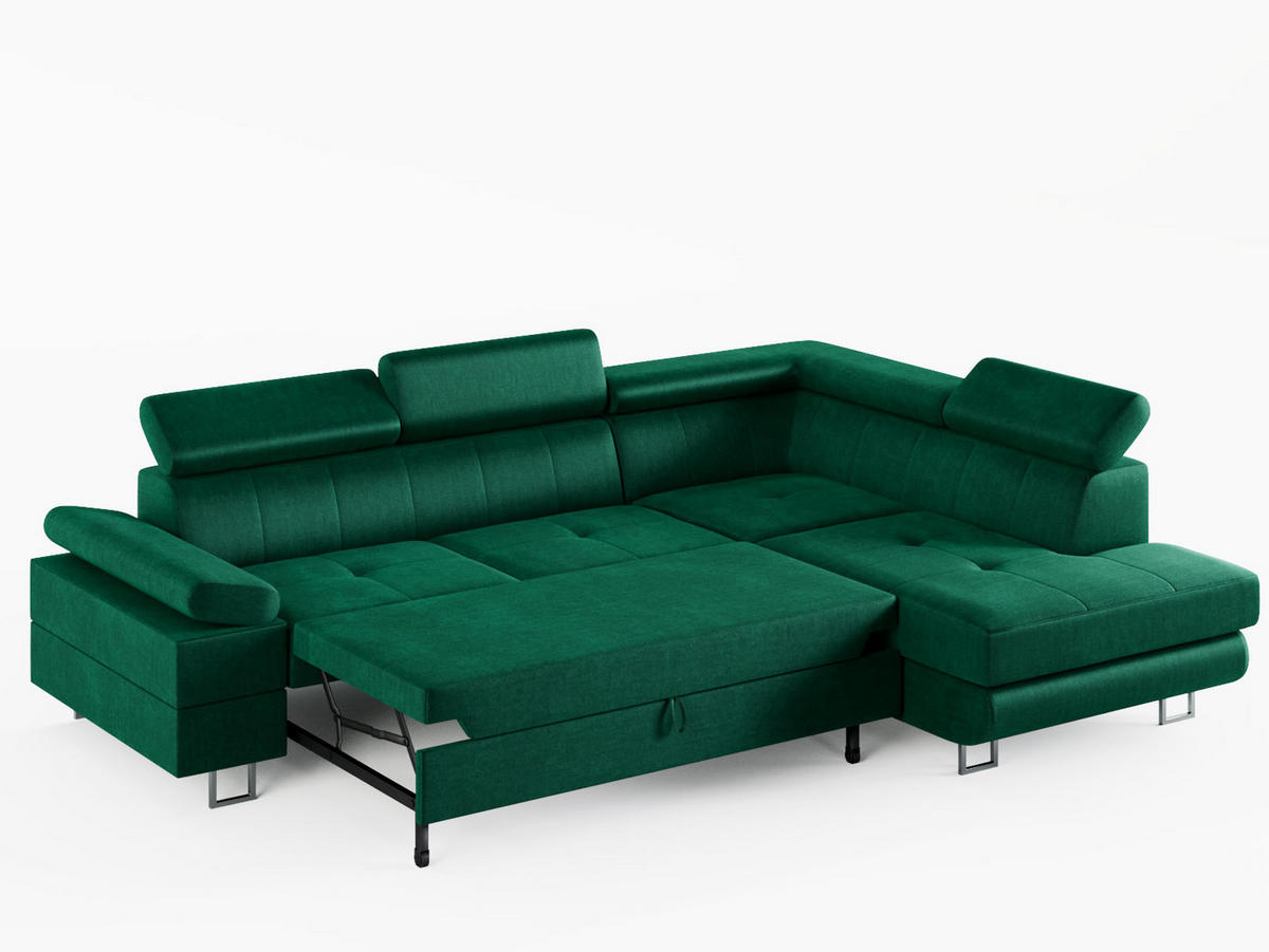 ECKSOFA CAROLINE Rechts Hellgrau Velours-Stoff mit Schlaffunktion und Bettkasten - Chromfarben/Hellgrau, Textil (253/190cm) - Barchello