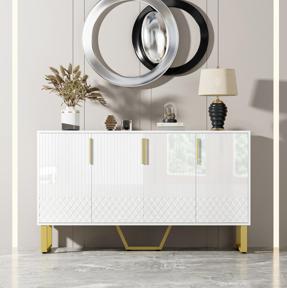 SIDEBOARD 140/40/80 cm in Weiß Hochglanz mit 4 Türen und Metallbeinen - Weiß, Holzwerkstoff (140/80/40cm) - Flora Grace