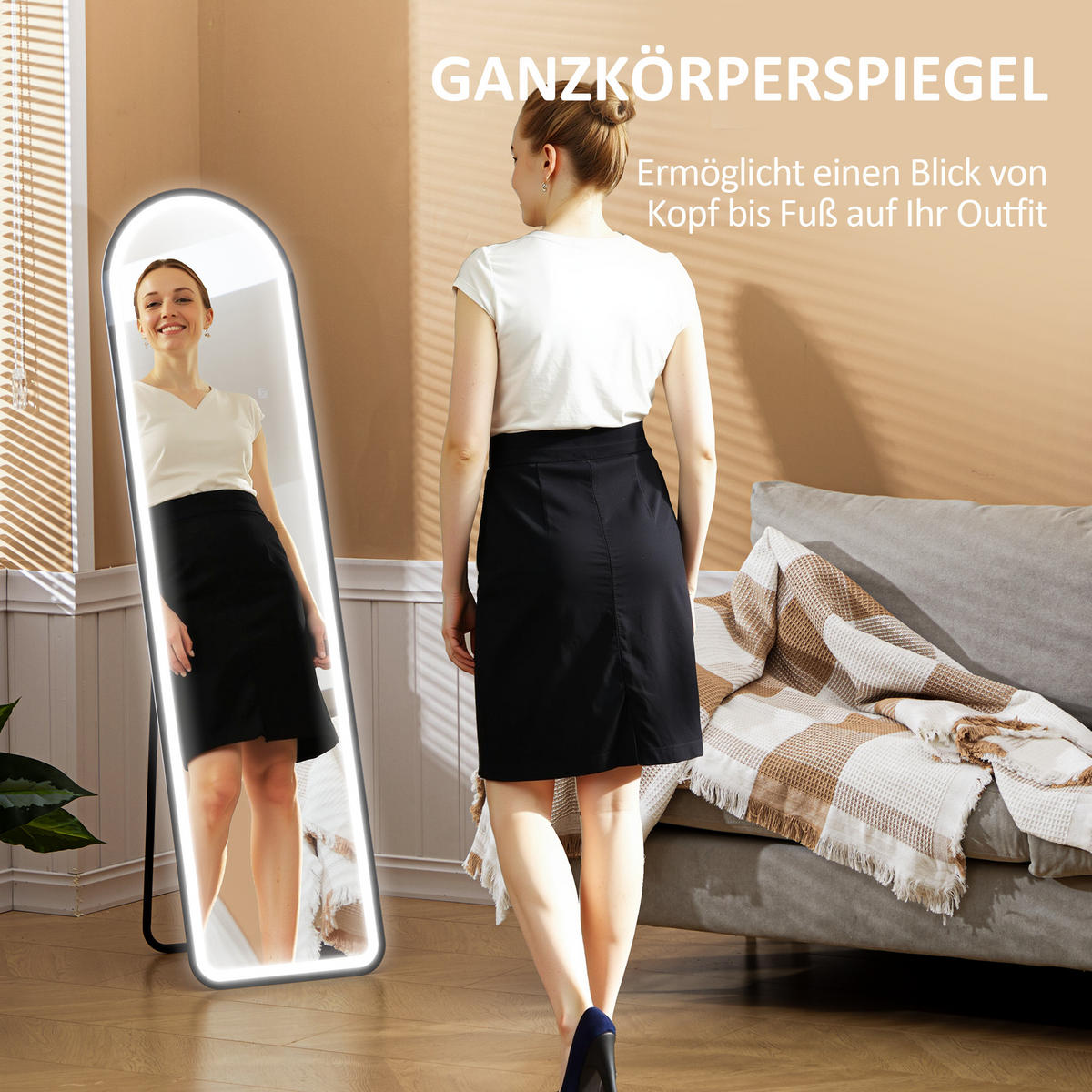 GANZKÖRPERSPIEGEL, 150 x 40 cm Standspiegel mit LED-Beleuchtung, Schwarz - Schwarz, Glas (40/150/3cm) - HOMCOM