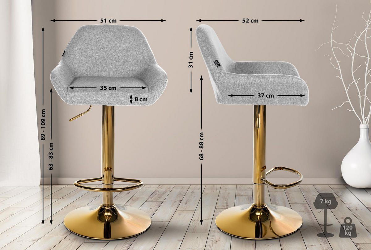 BARHOCKER Stoff grau - Goldfarben/Grau, Textil/Metall (51/89/52cm) - CLP