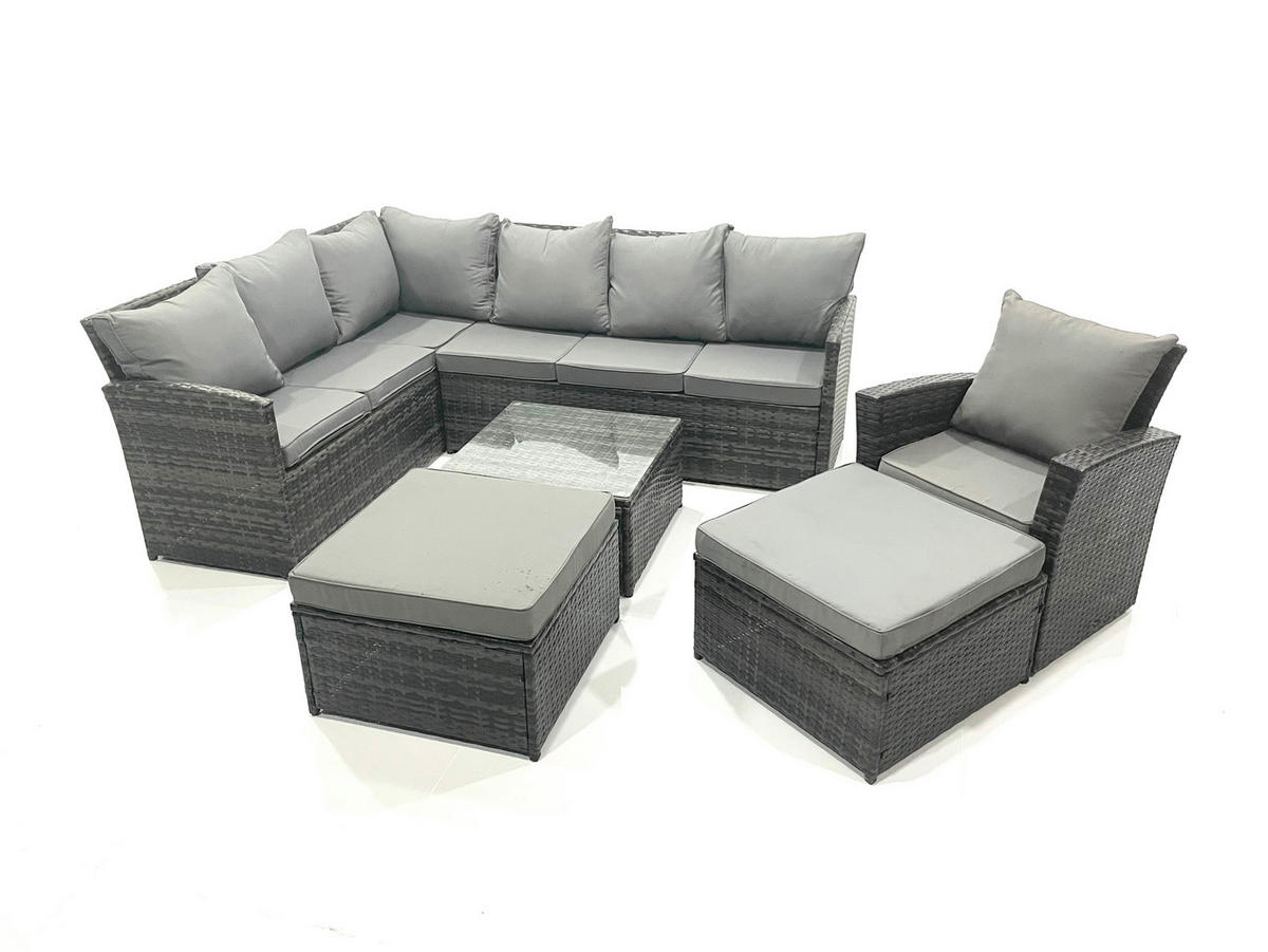 GARTENGARNITUR mit Ecksof,Couchtisch,2 Fußhocker Polyrattan Dunkelgrau 9-Sitzer - Dunkelgrau/Grau, Glas/Kunststoff - Fimous