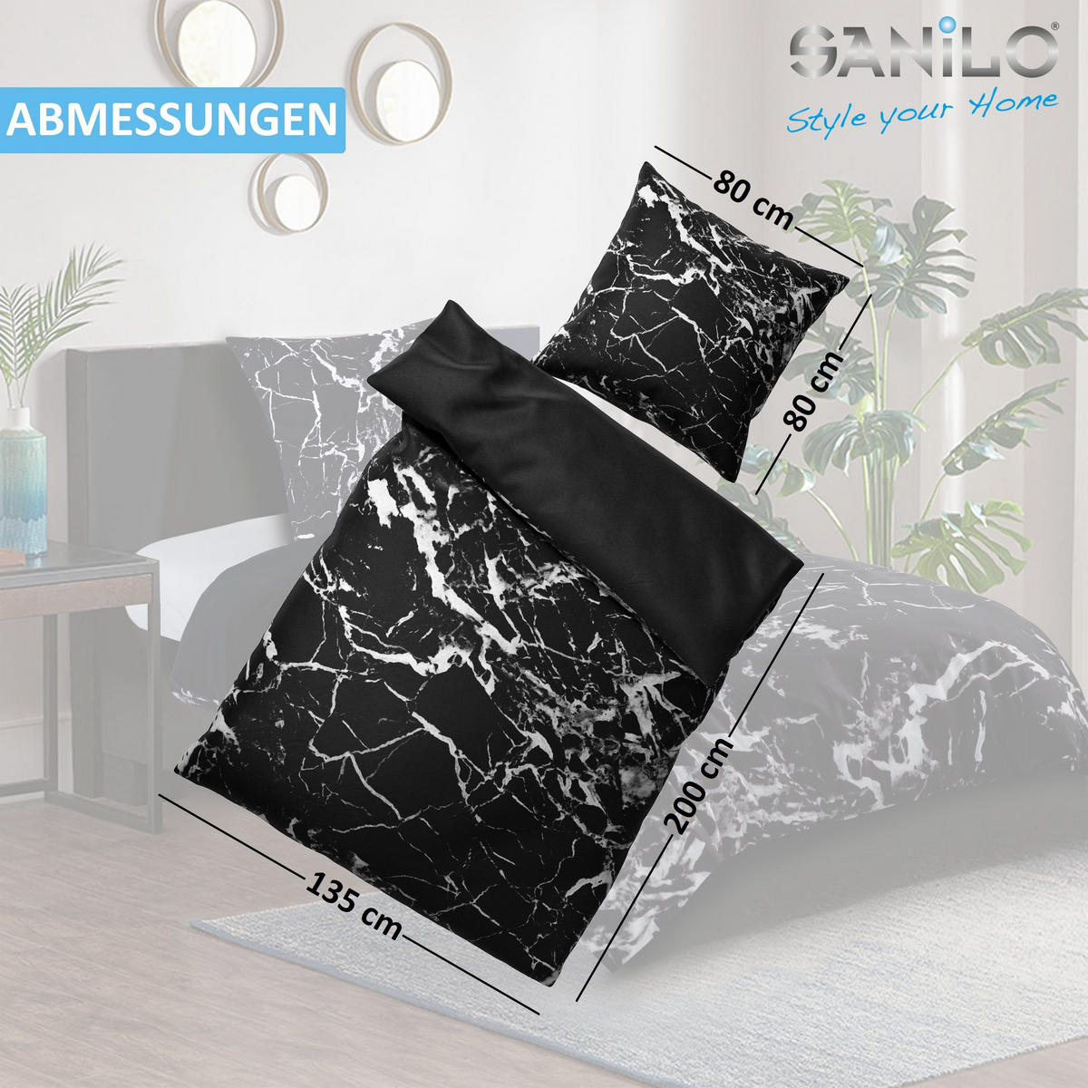 BETTWÄSCHE 4-teilig Marmor Schwarz - Schwarz, Naturmaterialien (135/200cm) - Sanilo