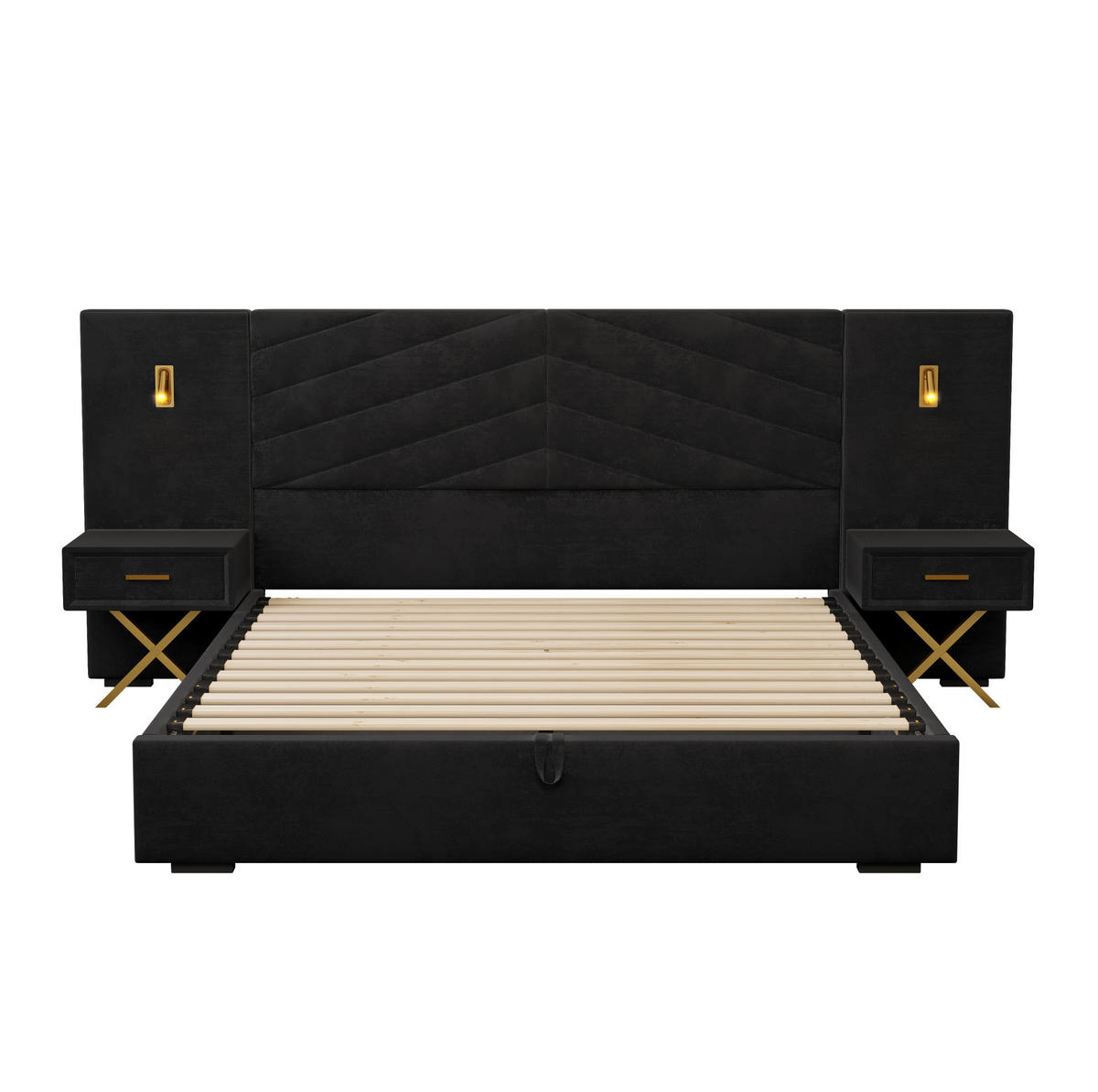 BETT mit Bettkasten 160x200 cm Samt Schwarz mit 2 Nachttischen - Schwarz, Holz (160/200cm) - Meubliv
