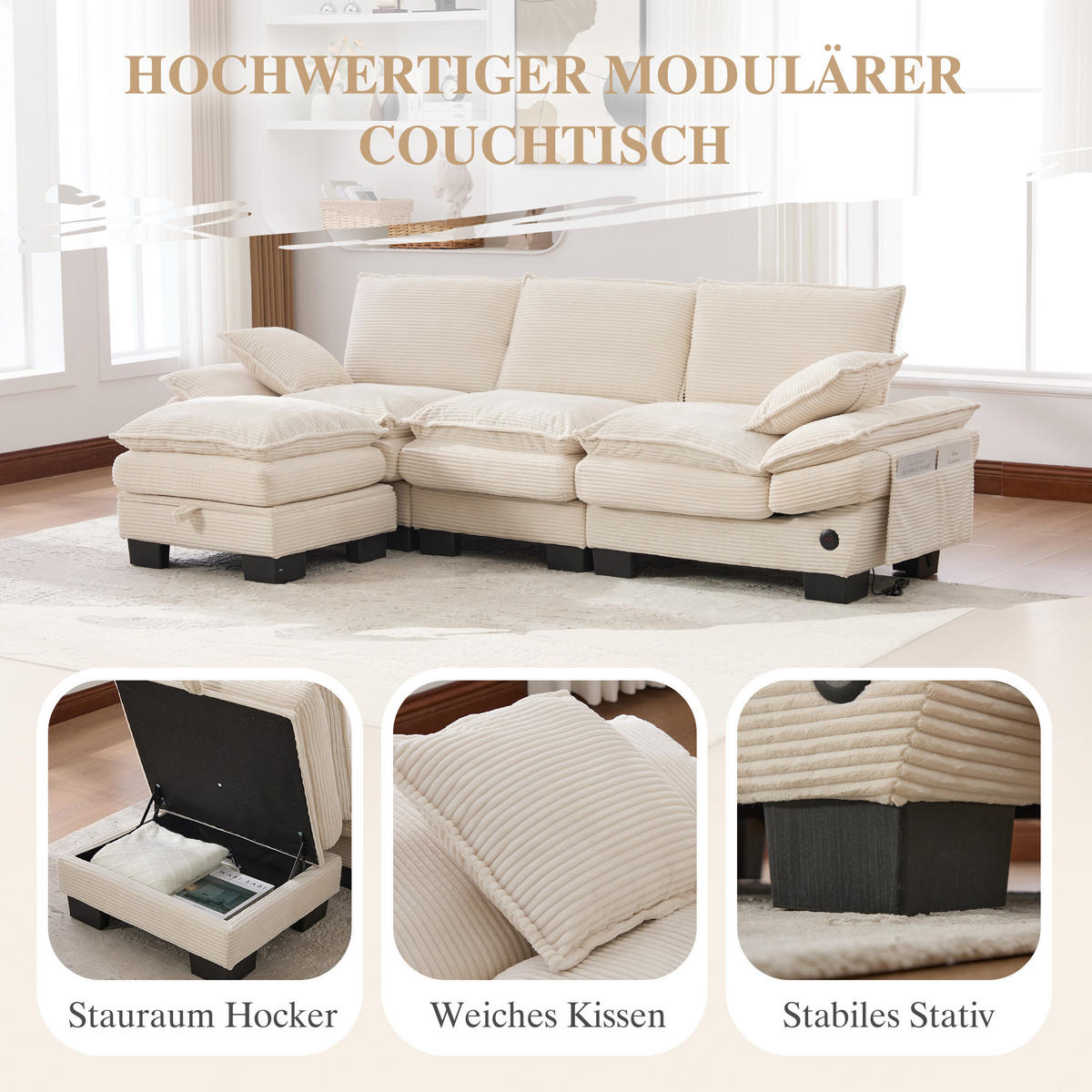 3-SITZER SOFA Cord Beige mit Hocker, USB-C und Seitentaschen - Beige, Holzwerkstoff/Kunststoff (260/132cm) - WISHDOR