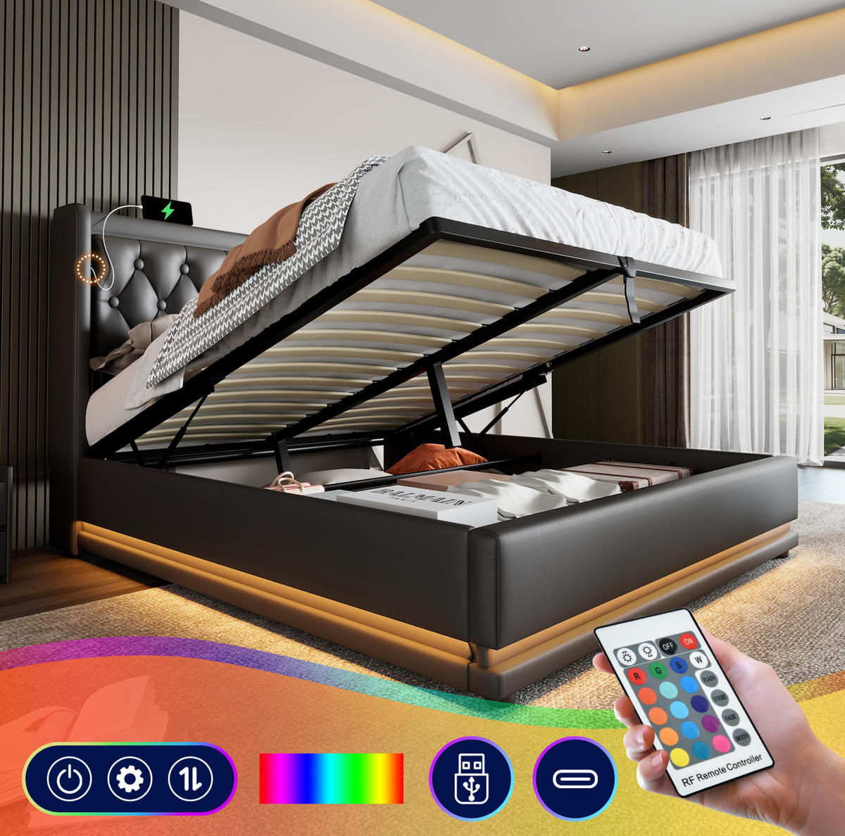 POLSTERBETT 160/200 cm Schwarz aus PU mit Stauraum, LED und USB Typ-C - Schwarz, Kunststoff (160/200cm) - OKMYHOME